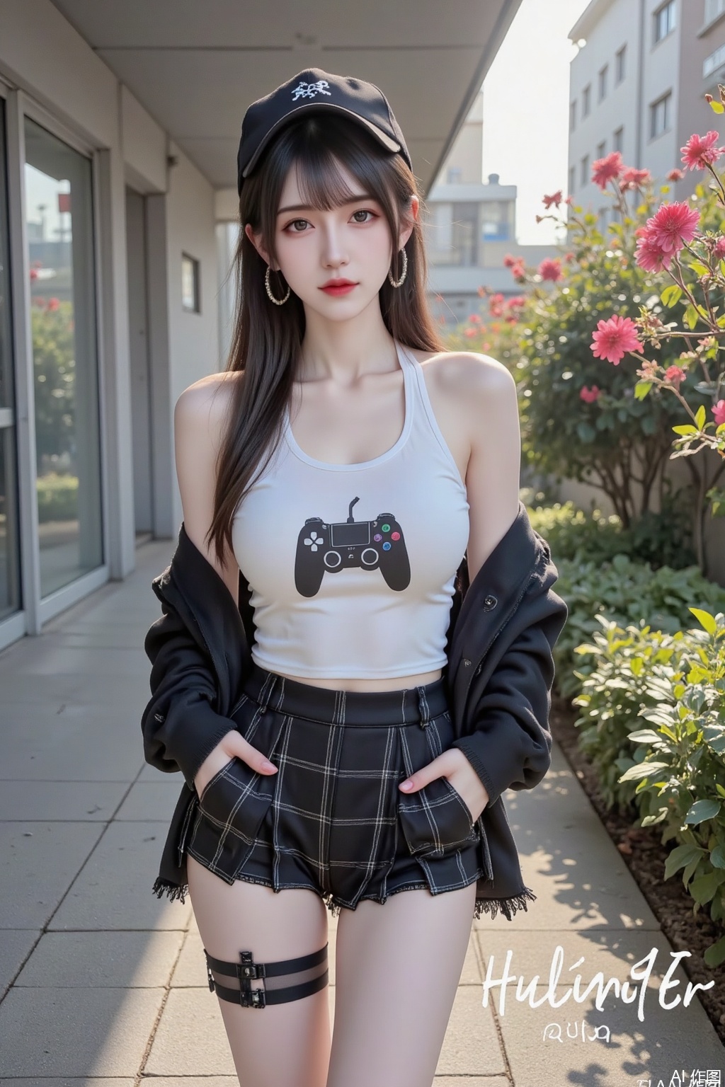 Masterpiece, the best quality, high quality,  huge breasts,,(black hair:1.4),(long legs:1.3),（thin legs：1.4）,The word "HuoLingEr" is written in a casual,handwritten style in white at the bottom right corner of the image,ASIC0601CYQL,ASIC0601CYQL,ASIC0601CYQL,masterpiece,best quality,very aesthetic,1girl,extremely delicate and beautiful,Noise and grain,huge filesize,amazing quality,foreshortening,stylish_black,messy hair,long hair,sexy,medium hair,streaked hair,Incredibly meticulous,Clear structured argyle_legwear,Clear structured leg garter,Neat modern urban wall,open jacket,idol,stylish_pose,black hair,Bright color vibe,gothic,frilled_shirt,Ultra short skirt with black checkered pattern,Black cotton hat,hand_in_pocket,hoop_earrings,star_hair_ornament,from_above,cinematic_angle,looking_at_viewer,short eyebrows,expressive_clothes,shirt_tucked_in,off-shoulder_shirt,gyaru,gamepad_print,white top,Happy mood,ruddy skin,open_eyes,stars in the eyes,flower,corridor,sunshine,wind,