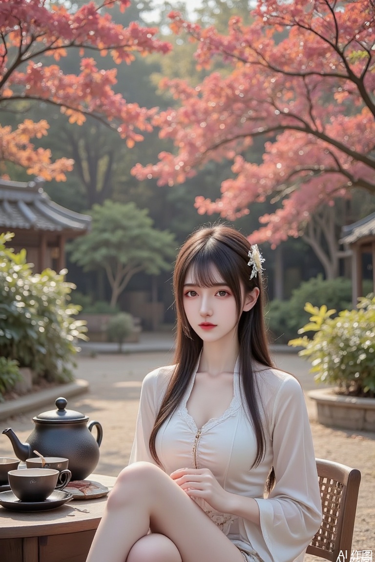 Masterpiece, the best quality, high quality,  huge breasts,,(black hair:1.4),(long legs:1.3),（thin legs：1.4）,1girl, solo, long hair, looking at viewer, black hair, hair ornament, long sleeves, dress, closed mouth, upper body, chinese clothes, flower,Maple forest, tea cups on the table, teapots, sitting