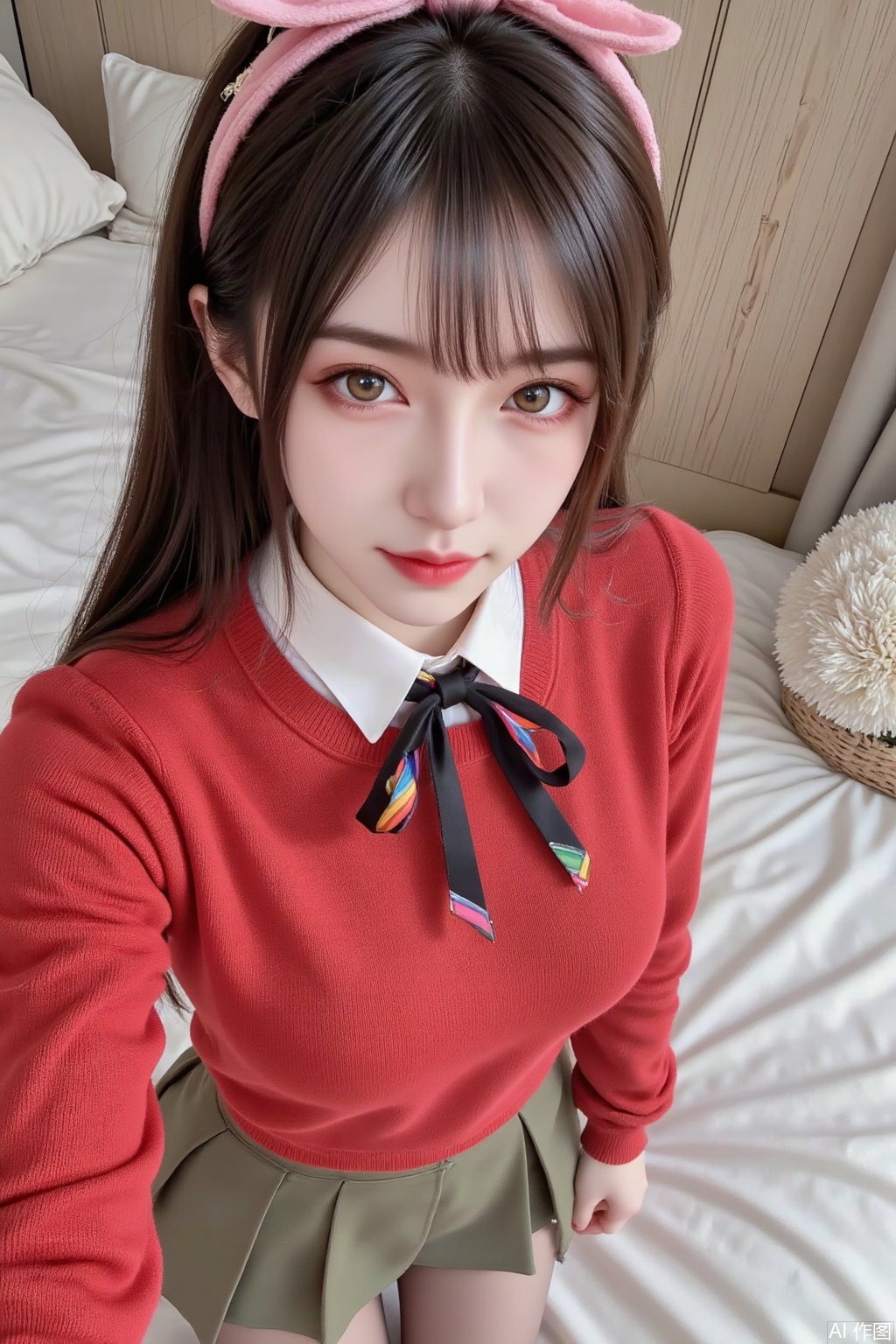 Masterpiece, the best quality, high quality, (colorful) , big breasts,,(black hair:1.4),(long legs:1.3), 1girl,black hair,long hair,yellow eyes,large breasts,bow hairband,pink bow,hairclip,x hair ornament,red sweater,wool sweater,heavy sweater,fluffy sweater,closed sweater,white undershirt,green skirt,white collar,black ribbon tie,long skirt,full-length skirt,covered legs,multicolored ribbon,striped stockings,bedroom,focus on face,selfie,from above,