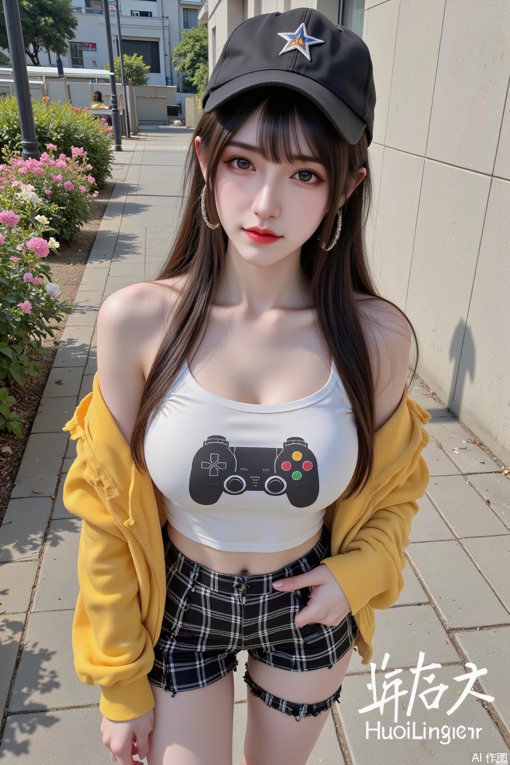 Masterpiece, the best quality, high quality,  huge breasts,,(black hair:1.4),(long legs:1.3),（thin legs：1.4）,The word "HuoLingEr" is written in a casual,handwritten style in white at the bottom right corner of the image,ASIC0601CYQL,ASIC0601CYQL,ASIC0601CYQL,masterpiece,best quality,very aesthetic,1girl,extremely delicate and beautiful,Noise and grain,huge filesize,amazing quality,foreshortening,stylish_black,messy hair,long hair,sexy,medium hair,streaked hair,Incredibly meticulous,Clear structured argyle_legwear,Clear structured leg garter,Neat modern urban wall,open jacket,idol,stylish_pose,black hair,Bright color vibe,gothic,frilled_shirt,Ultra short skirt with black checkered pattern,Black cotton hat,hand_in_pocket,hoop_earrings,star_hair_ornament,from_above,cinematic_angle,looking_at_viewer,short eyebrows,expressive_clothes,shirt_tucked_in,off-shoulder_shirt,gyaru,gamepad_print,white top,Happy mood,ruddy skin,open_eyes,stars in the eyes,flower,corridor,sunshine,wind,