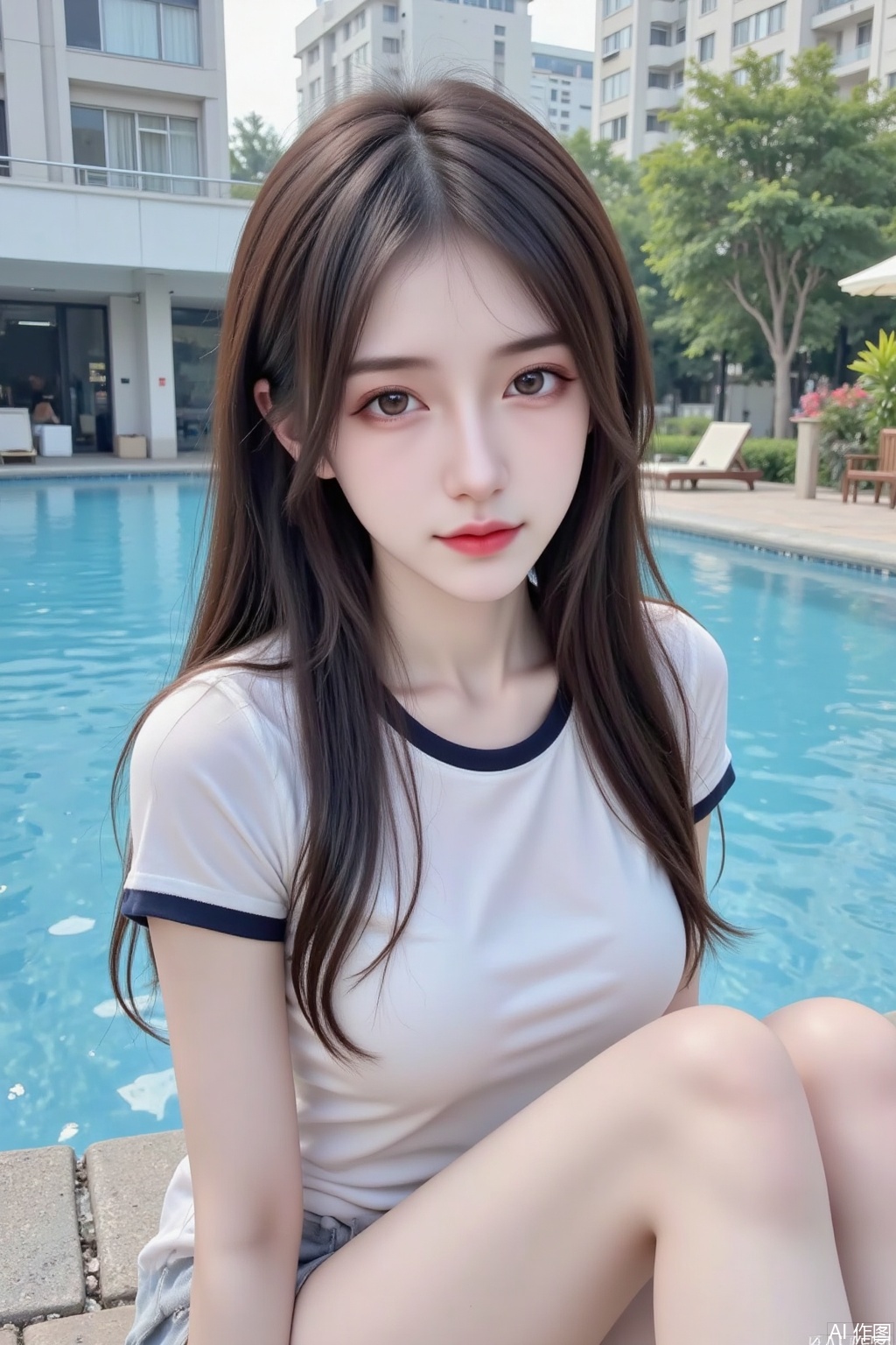 Masterpiece, the best quality, high quality, (colorful) , big breasts,,(black hair:1.4),(long legs:1.3),The image shows a young woman with long, wavy dark hair wearing a white t-shirt with dark trim. She is sitting outdoors near a pool, with water visible in the background. The setting appears to be bright and sunny, with a tree and some buildings visible in the distance. The woman is looking directly at the camera, and her expression is neutral. The image has a soft, natural lighting, giving it a serene and relaxed feel. Ultra HD quality, photography, extreme_detailed, ultra_realistic.,shuangxiu