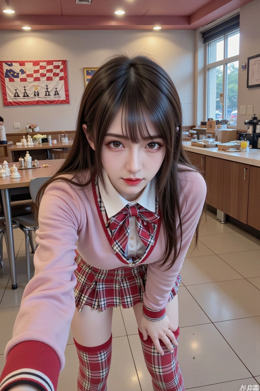 Masterpiece, best quality, high quality, (colorful), huge chest, (black hair: 1.4), (long legs: 1.3), (thin legs: 1.3), 1girl, argyle, argyle_background, argyle_legwear, bangs, bent_over, blunt_bangs, blur_censor, blurry, blurry_background, blurry_foreground, blush, board_game, bowtie, breasts, brown_eyes, brown_hair, cellphone_picture, checkered, checkered_background, checkered_flag, checkered_floor, checkered_kimono, checkered_legwear, checkered_shirt, checkered_skirt, chess_piece, classroom, depth_of_field,  figure, focused,  indoors, large_breasts, looking_at_viewer, motion_blur, perspective, photo_\(medium\), plaid, plaid_legwear, pov, race_queen, restaurant, school_uniform, skirt, soccer_ball, solo_focus, table, telstar, thighhighs, thighs, tile_floor, tile_wall, tiles