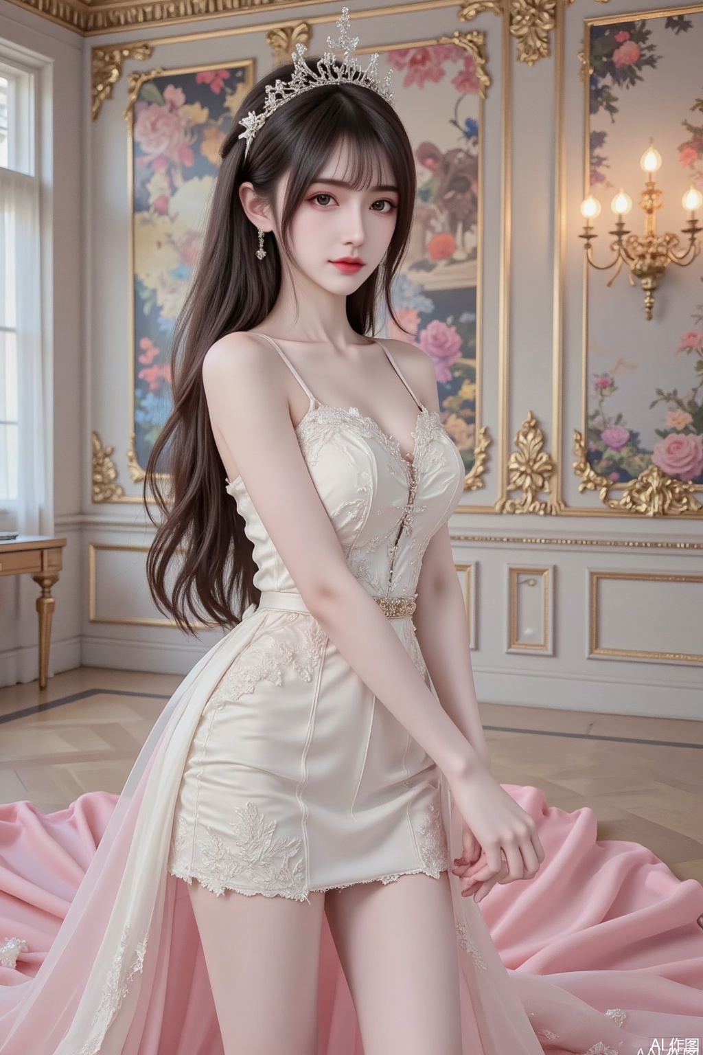 Masterpiece, the best quality, high quality,  huge breasts,,(black hair:1.4),(long legs:1.3),（thin legs：1.4）,In a classical-style wedding hall, the female character has flowing big wavy long hair and a(luxurious headdress),She wears a white short-skirt wedding dress with delicate lace,The front of the dress is a short skirt revealing long legs, paired with a(gorgeous skirt train) that gradually fades into pink,Shot from a low angle with a close-up portrait lens. Featuring the Tyndall effect, backlighting, HDR, 8K ultra-high resolution, and a cyberpunk aesthetic,Cgirl