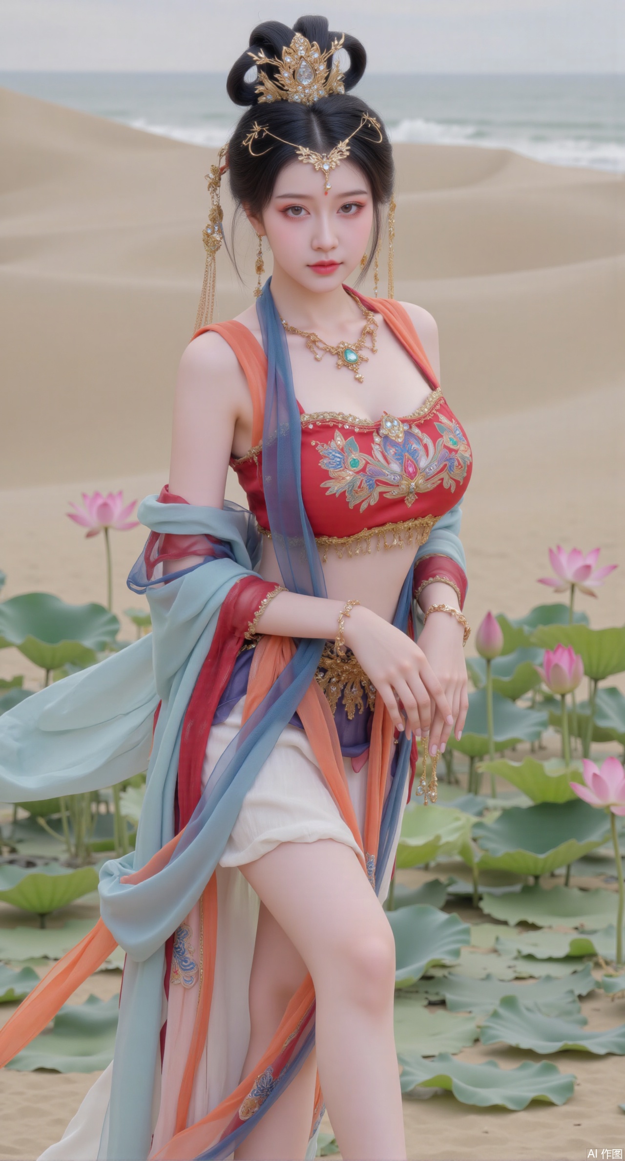 (masterpiece:1.2),best quality, (UE5.5,rendered with Unreal Engine 5,Unreal Engine 5,CG rendering), (masterpiece:1.2),,1girl,solo,standing,looking at viewer,(cowboy_shot:1.3),black hair,long hair,high heels,blurry background,depth of field,motion blur,short dress,china_dress,chinese_style,bare shouders,crystal_earrings,headpiece,hair_tie,chest_jewel,gem,necklace,jewelry,in summer,day,outdoors,nature,sea,(beach:1.4),(huge breasts:2.99),(full breasts:2.99),(lotus pond and pink lotus flowers:1.59),,(very long legs,Diamond-studded high heels:1.5),Xmupeiling,XsongyuYK,XqiyueFHK,XheguangzhefandiYK,XxiaobaiNZYK,XlimuwanJCBYK,XmeijiK,XzhouruK,XHhanfududou,XzhouruK2,XmeijiK2,XlinziyueK2,Xjinniang2,Xdunhuangfeitian