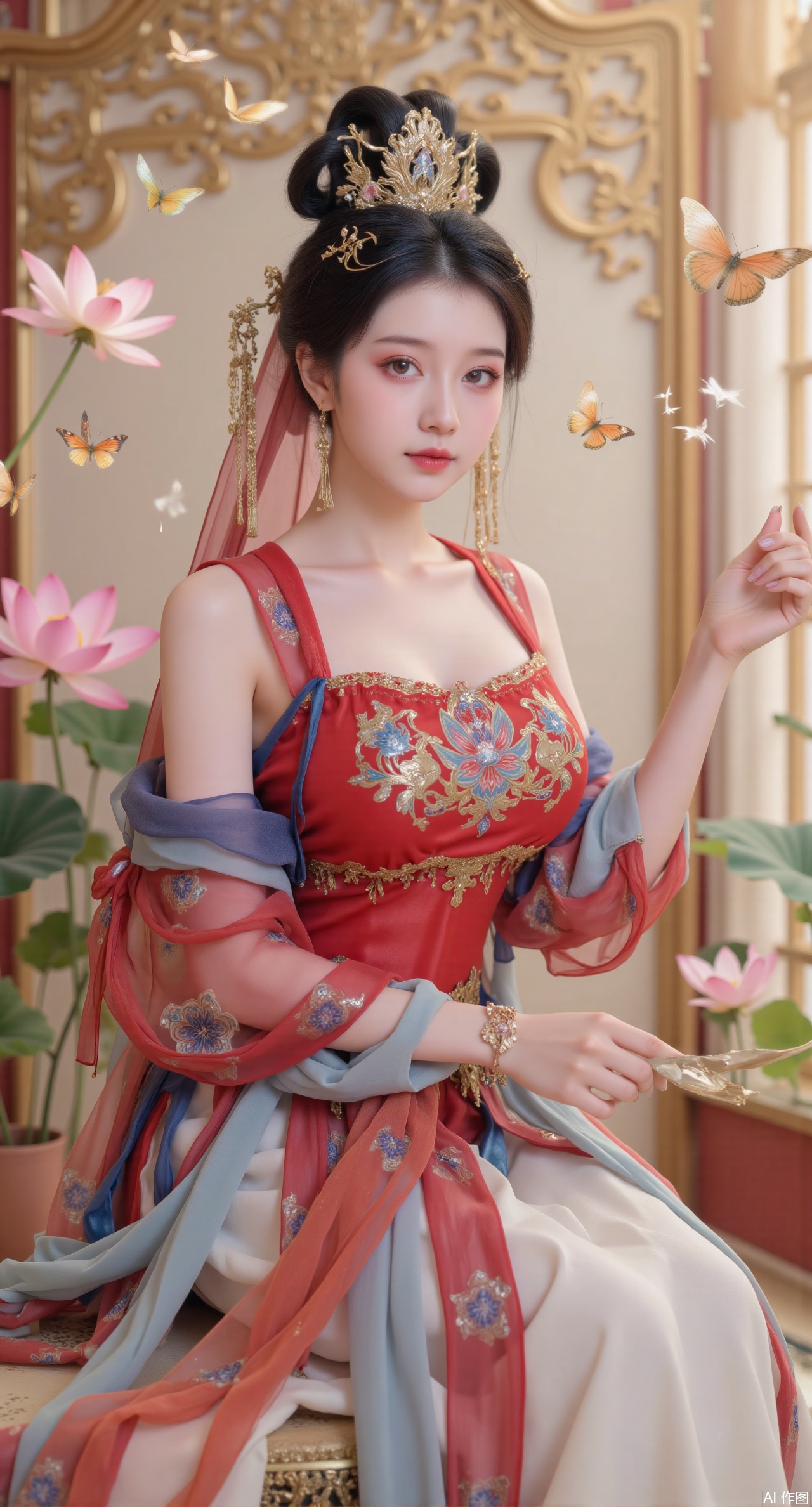 (masterpiece, best quality:1.2), highres, extremely detailed, 1girl,(hanfu dress:1.26),looking at viewer,indoors,  (big breasts:2.69),Depth of field,garden of the sun,shiny,flowers, garden, 1girl, (Lotus:1.39), (butterflies, ultra detailed, glary,Light, light particles,glitter,reflect:1.29),Xmupeiling,XsongyuYK,XqiyueFHK,XheguangzhefandiYK,XxiaobaiNZYK,XlimuwanJCBYK,XmeijiK,XzhouruK,XHhanfududou,XzhouruK2,XmeijiK2,XlinziyueK2,Xjinniang2,Xdunhuangfeitian