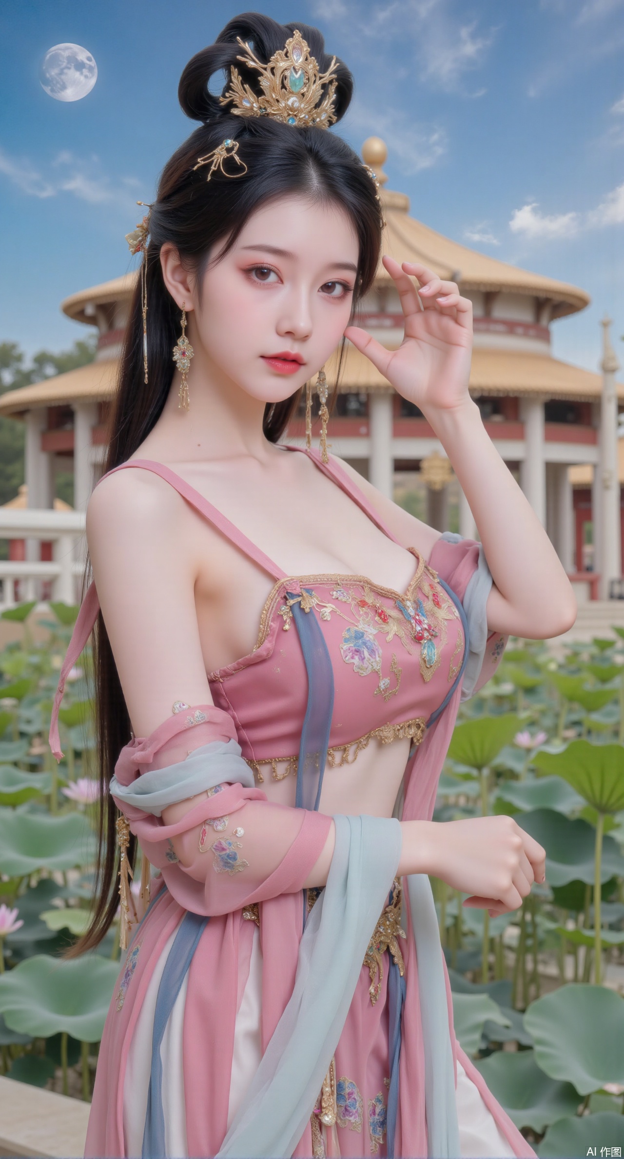 (masterpiece, best quality:1.2),1girl, navel, solo, midriff, bare shoulders, hair ornament,(long hair),(High double ponytail:1.49), red lips, BREAK, (looking at viewer:1.39), chinese clothes,(long dress:1.36), (lace:1.28), BREAK,blurry, solo focus, long hair, lips, daytime, lipstick, outdoors, standing,upper body,(huge breasts:2.99), (full breasts:2.99),background, solo, makeup,Xyunxiao,(Lotus,Water Lily,Blue sky,full moon:1.39),(Lotus pond,ancient Chinese architecture:1.39),Xmupeiling,XsongyuYK,XqiyueFHK,XheguangzhefandiYK,XxiaobaiNZYK,XlimuwanJCBYK,XmeijiK,XzhouruK,XHhanfududou,XzhouruK2,XmeijiK2,XlinziyueK2,Xjinniang2,Xdunhuangfeitian