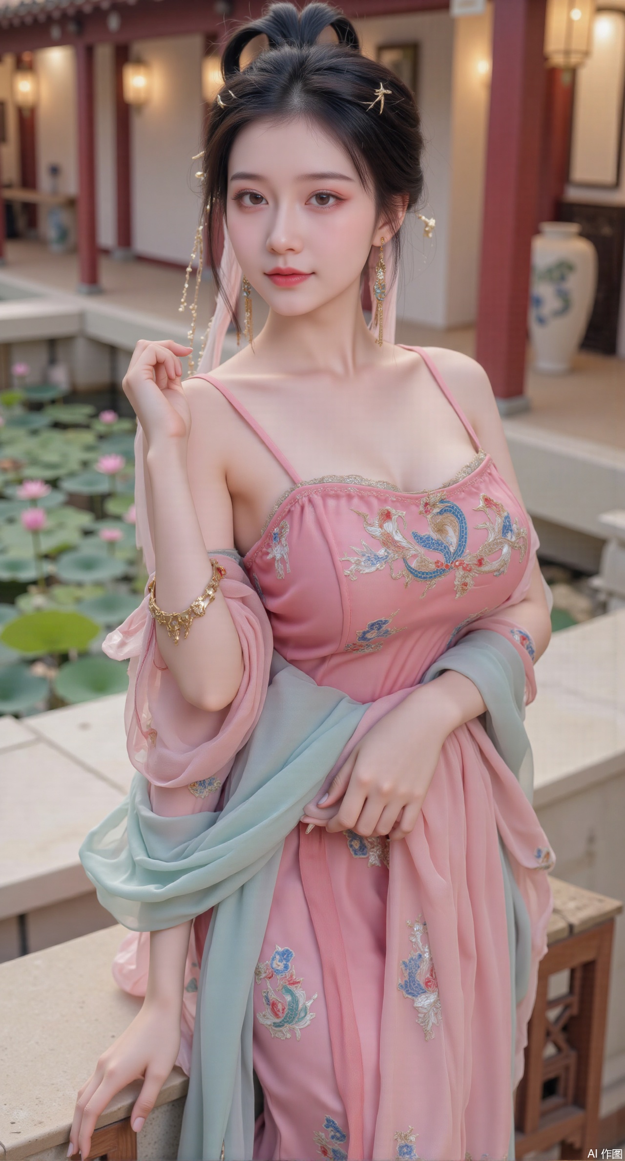 (masterpiece:1.2),best quality, (1girl:1.1), (dress:1.39), on Stomach,aqua_earrings,Lights, lanterns, chang,(big breasts:2.56),hanfu, Best quality, Realistic, photorealistic, masterpiece, extremely detailed CG unity 8k wallpaper, best illumination, best shadow, huge filesize ,(huge breasts:2.69) incredibly absurdres, absurdres, looking at viewer, transparent, smog, gauze, vase, petals, room, ancient Chinese style, detailed background, wide shot background, (((black hair))),(Sitting on the lotus pond porch:1.49) ,(A pond full of pink lotus flowers:1.5),close up of 1girl,Hairpins,hair ornament,hair wings,slim,narrow waist,perfect eyes,beautiful perfect face,pleasant smile,perfect female figure,detailed skin,charming,alluring,seductive,erotic,enchanting,delicate pattern,detailed complex and rich exquisite clothing detail,delicate intricate fabrics,Morning Serenade In the gentle morning glow, (a woman in a pink lotus-patterned Hanfu stands in an indoor courtyard:1.36),(Chinese traditional dragon and phoenix embroidered Hanfu:1.3), admiring the tranquil garden scenery. The lotus-patterned Hanfu, embellished with silver-thread embroidery, is softly illuminated by the morning light. The light mint green Hanfu imparts a sense of calm and freshness, adorned with delicate lotus patterns, with a blurred background to enhance the peaceful atmosphere,Xmupeiling,XsongyuYK,XqiyueFHK,XheguangzhefandiYK,XxiaobaiNZYK,XlimuwanJCBYK,XmeijiK,XzhouruK,XHhanfududou,XzhouruK2,XmeijiK2,XlinziyueK2,Xjinniang2,Xdunhuangfeitian