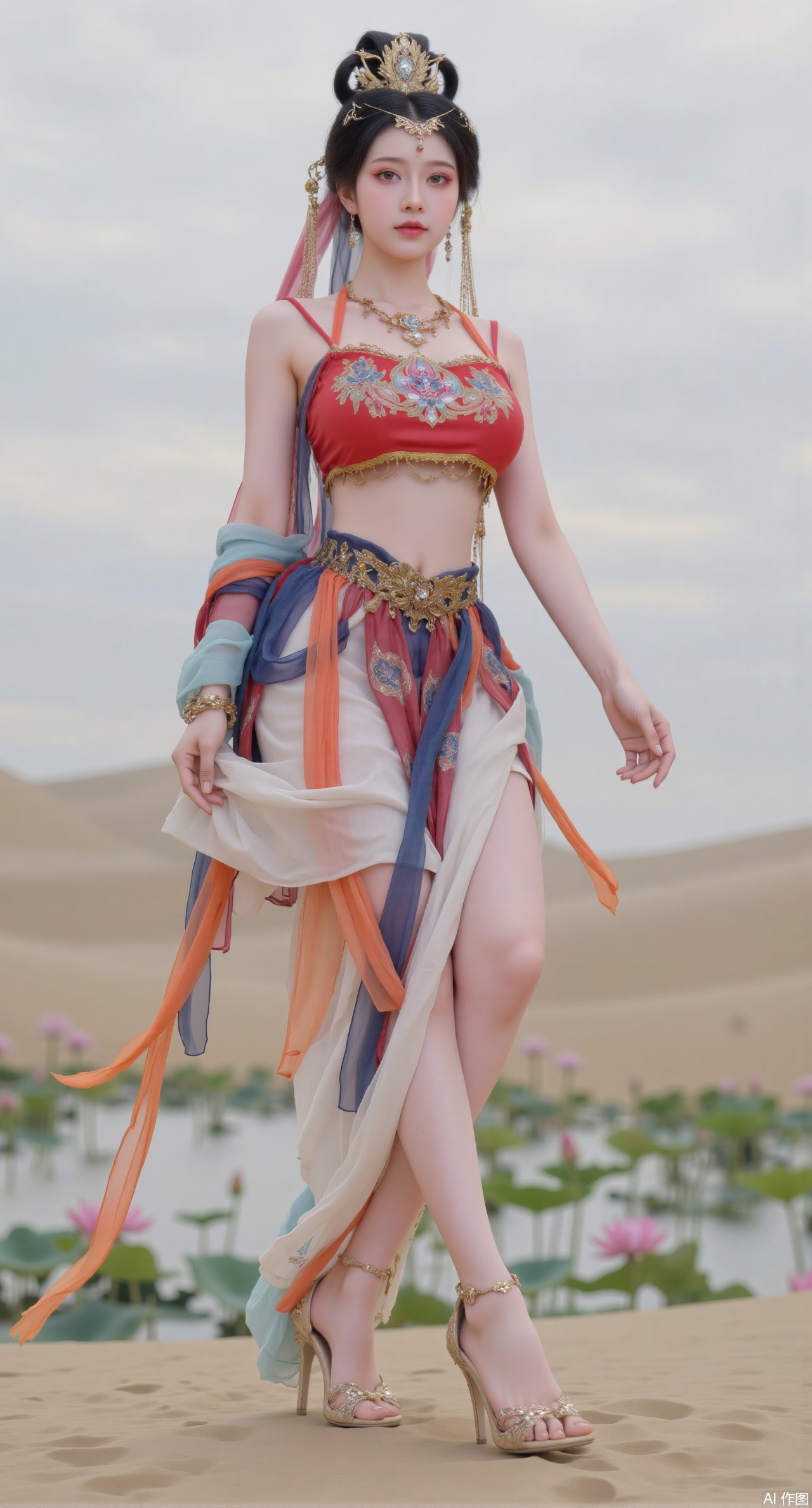 (masterpiece:1.2),best quality, (UE5.5,rendered with Unreal Engine 5,Unreal Engine 5,CG rendering), (masterpiece:1.2),,1girl,solo,standing,looking at viewer,(cowboy_shot:1.3),black hair,long hair,high heels,blurry background,depth of field,motion blur,short dress,china_dress,chinese_style,bare shouders,crystal_earrings,headpiece,hair_tie,chest_jewel,gem,necklace,jewelry,in summer,day,outdoors,nature,sea,(beach:1.4),(huge breasts:2.99),(full breasts:2.99),(lotus pond and pink lotus flowers:1.59),,(very long legs,Diamond-studded high heels:1.5),Xmupeiling,XsongyuYK,XqiyueFHK,XheguangzhefandiYK,XxiaobaiNZYK,XlimuwanJCBYK,XmeijiK,XzhouruK,XHhanfududou,XzhouruK2,XmeijiK2,XlinziyueK2,Xjinniang2,Xdunhuangfeitian