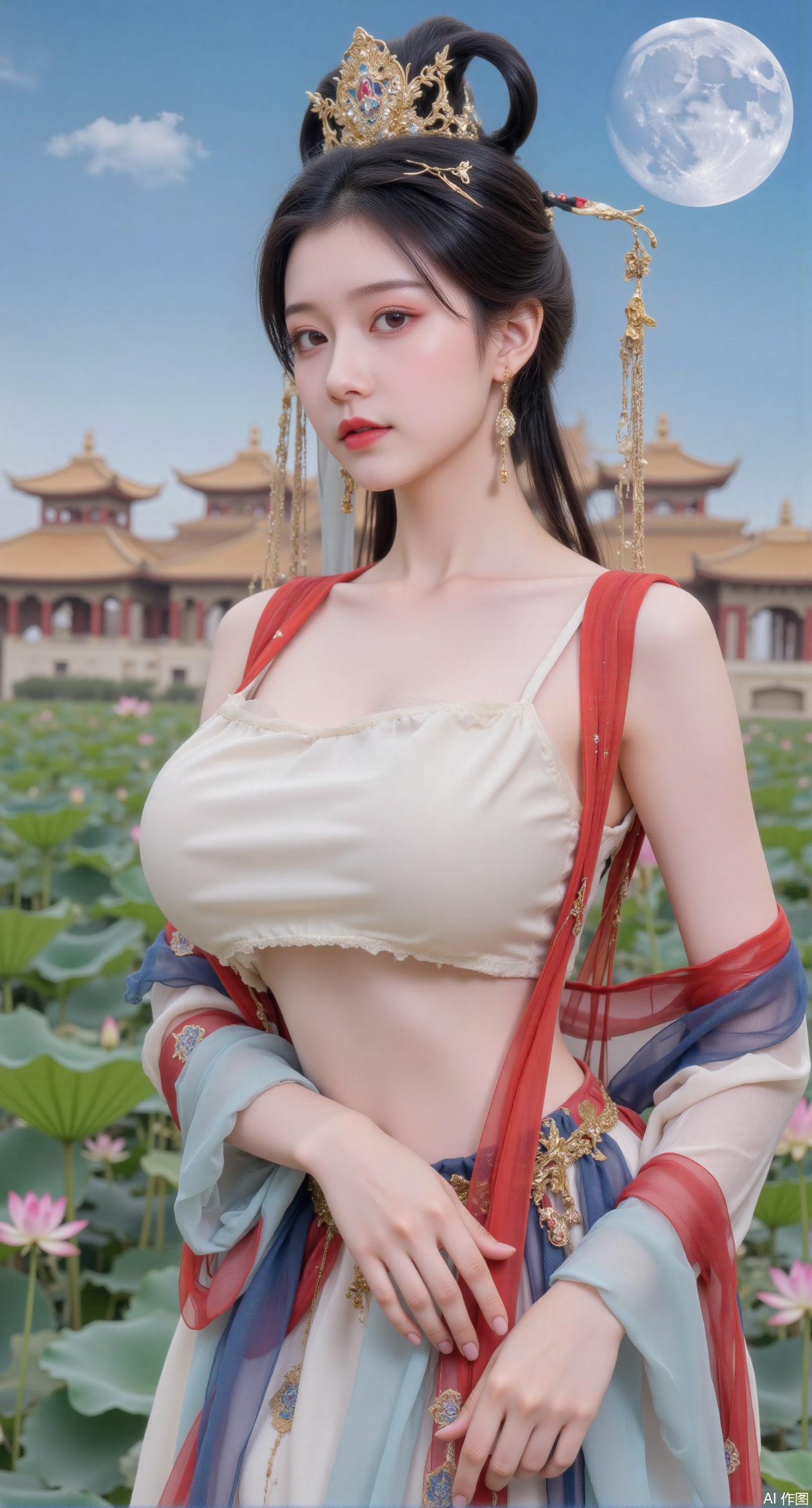 (masterpiece, best quality:1.2),1girl, navel, solo, midriff, bare shoulders, hair ornament,(long hair),(High double ponytail:1.49), red lips, BREAK, (looking at viewer:1.39), chinese clothes,(long dress:1.36), (lace:1.28), BREAK,blurry, solo focus, long hair, lips, daytime, lipstick, outdoors, standing,upper body,(huge breasts:2.99), (full breasts:2.99),background, solo, makeup,Xyunxiao,(Lotus,Water Lily,Blue sky,full moon:1.39),(Lotus pond,ancient Chinese architecture:1.39),Xmupeiling,XsongyuYK,XqiyueFHK,XheguangzhefandiYK,XxiaobaiNZYK,XlimuwanJCBYK,XmeijiK,XzhouruK,XHhanfududou,XzhouruK2,XmeijiK2,XlinziyueK2,Xjinniang2,Xdunhuangfeitian