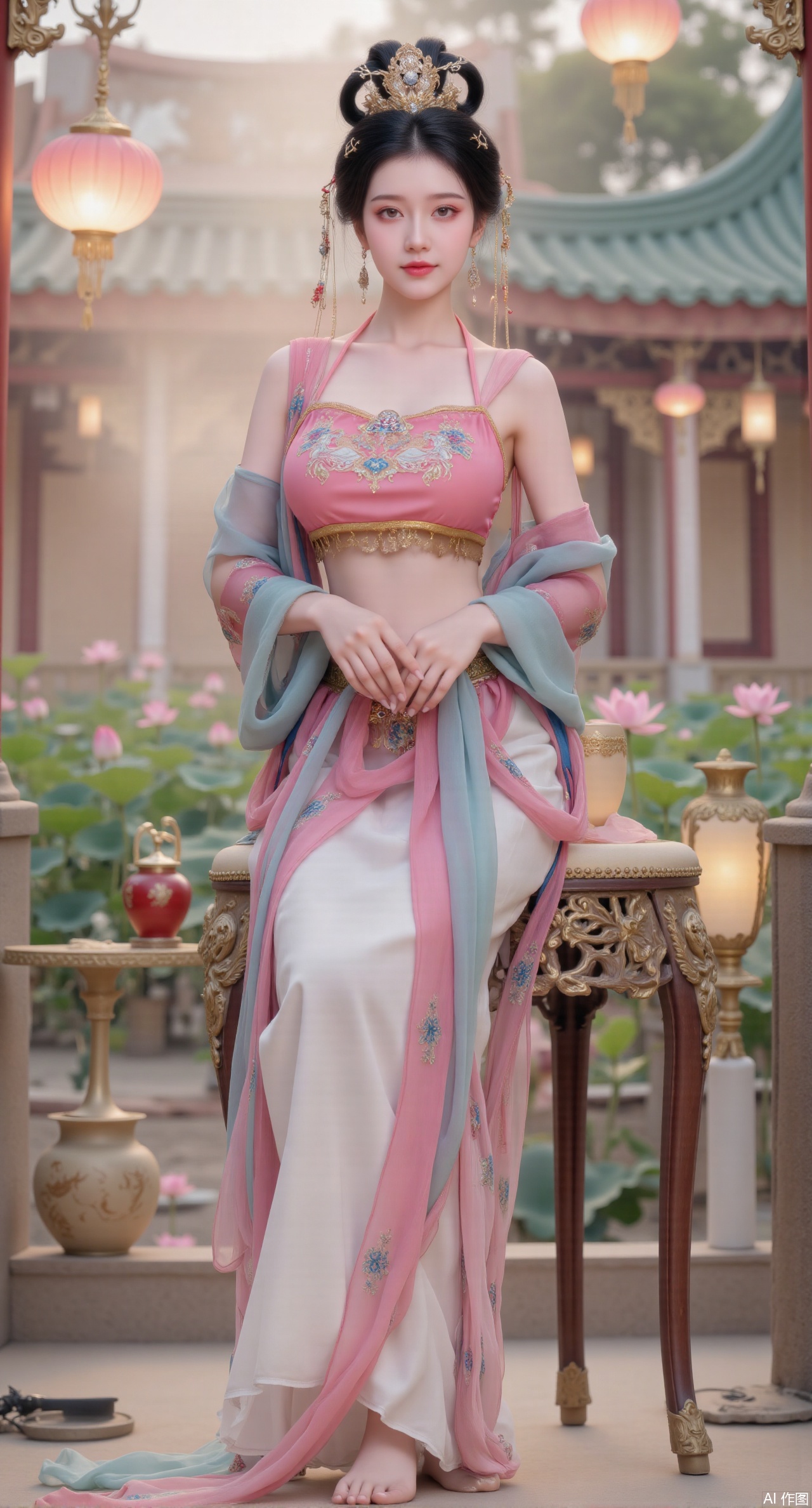 (masterpiece:1.2),best quality, (1girl:1.1), (dress:1.39), on Stomach,aqua_earrings,Lights, lanterns, chang,(big breasts:2.56),hanfu, Best quality, Realistic, photorealistic, masterpiece, extremely detailed CG unity 8k wallpaper, best illumination, best shadow, huge filesize ,(huge breasts:2.69) incredibly absurdres, absurdres, looking at viewer, transparent, smog, gauze, vase, petals, room, ancient Chinese style, detailed background, wide shot background, (((black hair))),(Sitting on the lotus pond porch:1.49) ,(A pond full of pink lotus flowers:1.5),close up of 1girl,Hairpins,hair ornament,hair wings,slim,narrow waist,perfect eyes,beautiful perfect face,pleasant smile,perfect female figure,detailed skin,charming,alluring,seductive,erotic,enchanting,delicate pattern,detailed complex and rich exquisite clothing detail,delicate intricate fabrics,Morning Serenade In the gentle morning glow, (a woman in a pink lotus-patterned Hanfu stands in an indoor courtyard:1.36),(Chinese traditional dragon and phoenix embroidered Hanfu:1.3), admiring the tranquil garden scenery. The lotus-patterned Hanfu, embellished with silver-thread embroidery, is softly illuminated by the morning light. The light mint green Hanfu imparts a sense of calm and freshness, adorned with delicate lotus patterns, with a blurred background to enhance the peaceful atmosphere,Xmupeiling,XsongyuYK,XqiyueFHK,XheguangzhefandiYK,XxiaobaiNZYK,XlimuwanJCBYK,XmeijiK,XzhouruK,XHhanfududou,XzhouruK2,XmeijiK2,XlinziyueK2,Xjinniang2,Xdunhuangfeitian