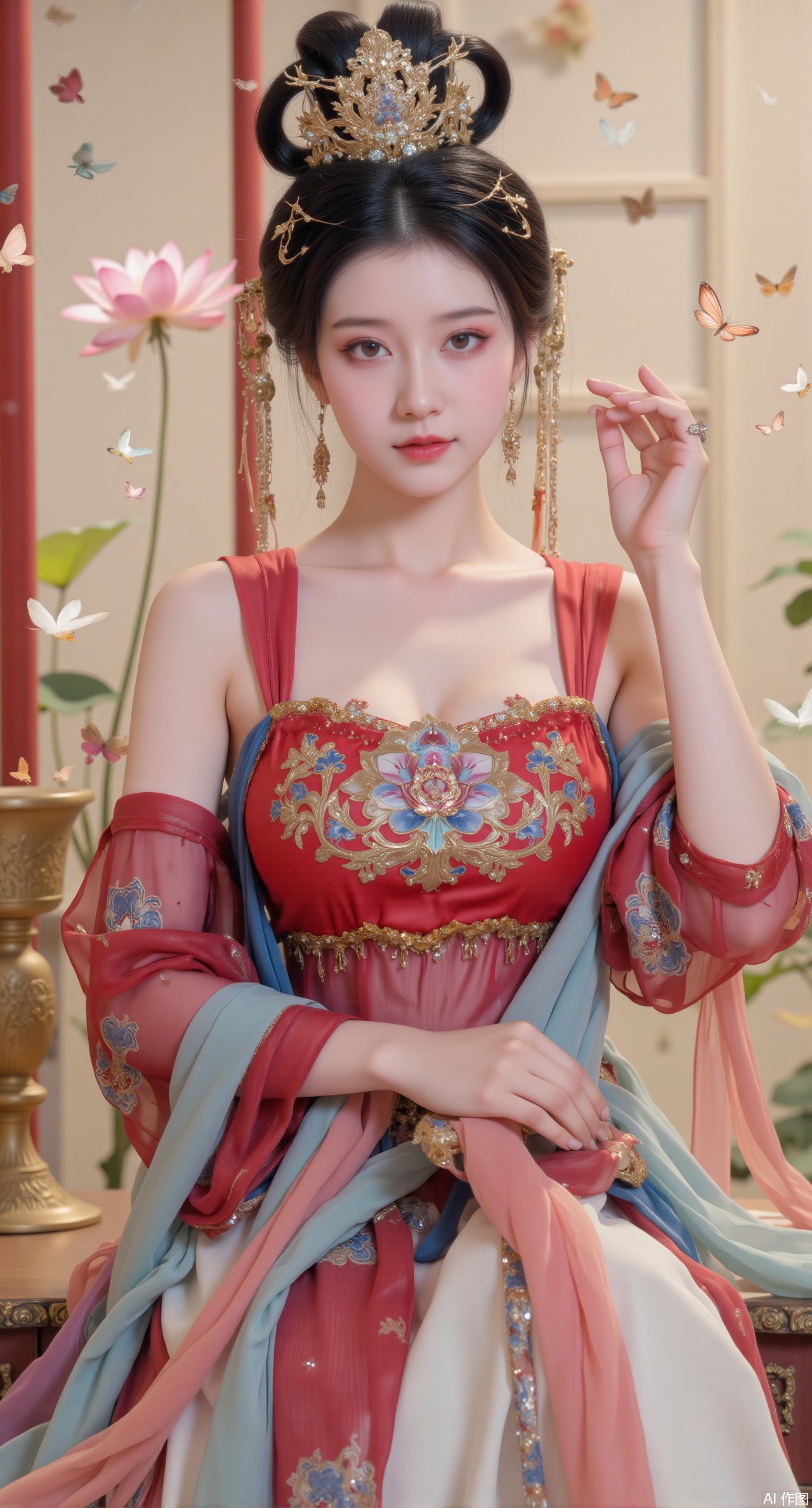 (masterpiece, best quality:1.2), highres, extremely detailed, 1girl,(hanfu dress:1.26),looking at viewer,indoors,  (big breasts:2.69),Depth of field,garden of the sun,shiny,flowers, garden, 1girl, (Lotus:1.39), (butterflies, ultra detailed, glary,Light, light particles,glitter,reflect:1.29),Xmupeiling,XsongyuYK,XqiyueFHK,XheguangzhefandiYK,XxiaobaiNZYK,XlimuwanJCBYK,XmeijiK,XzhouruK,XHhanfududou,XzhouruK2,XmeijiK2,XlinziyueK2,Xjinniang2,Xdunhuangfeitian