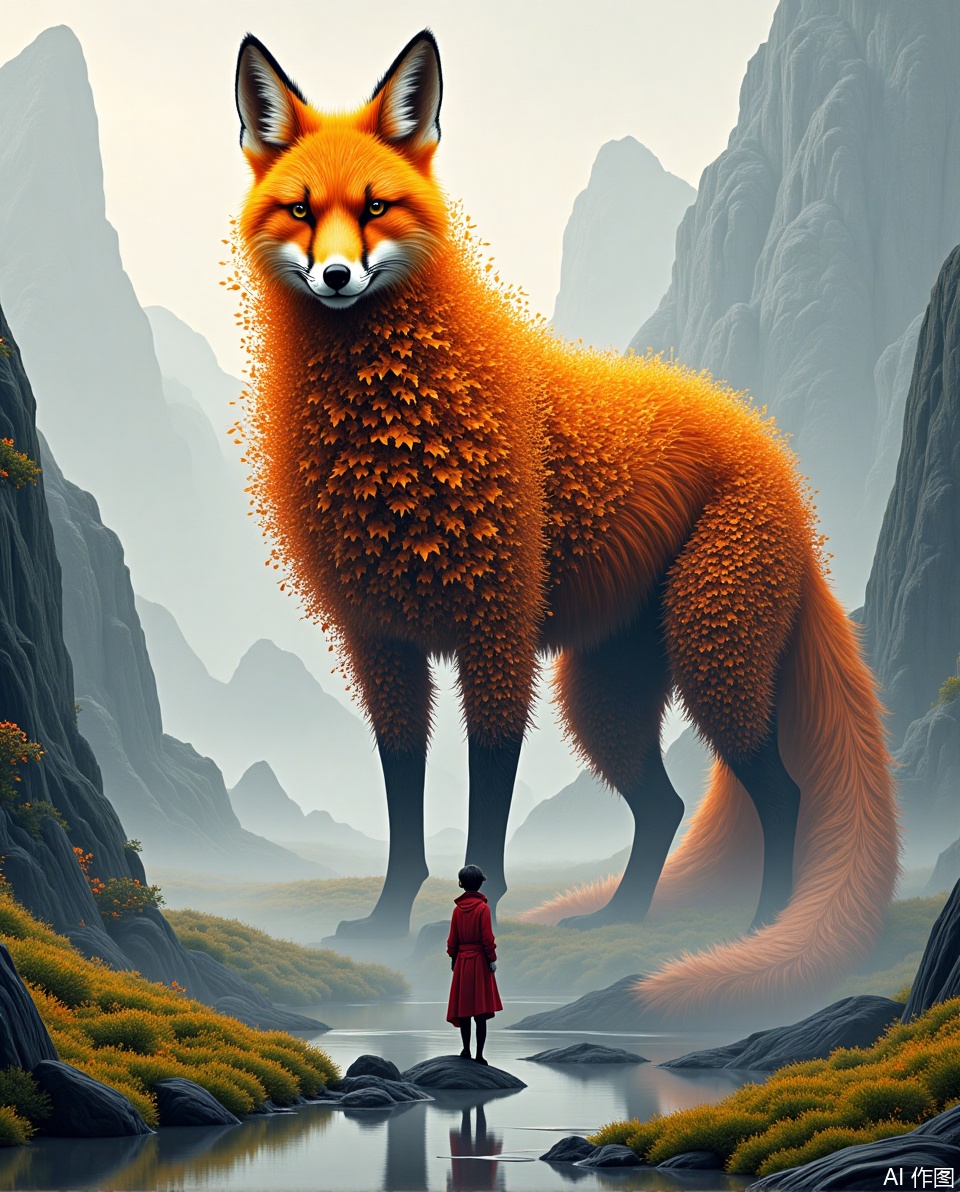 A huge, fantasy fox with intricate designs that blend seamlessly with nature. Its fur consists of bright orange and brown elements, similar to leaves and branches, giving it a natural, almost tree-like appearance. The fox stood majestic, standing high on a small figure in a red cloak who seemed to be looking up at the creature. The background is a peaceful landscape, misty mountains, lush vegetation and calm bodies of water that reflect the scene. The overall atmosphere is mysterious and extraordinary, with soft lighting, like a dream. blending elements of nature and fantasy.,Three - dimensional ancient - style arti