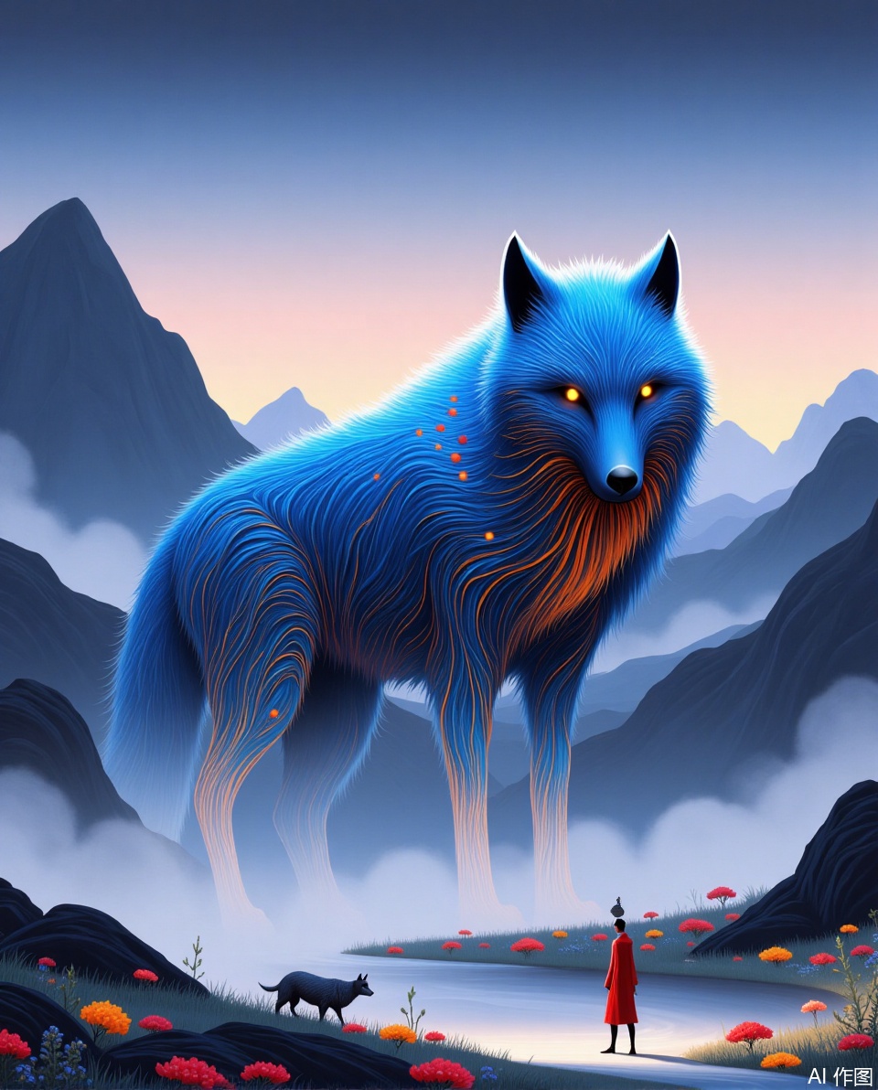 Ethereal artistic conception,Three - dimensional ancient - style arti, the picture depicts a large, delicately designed wolf with its fur appearing bright blue, orange and red, standing in the foreground with a striking appearance. Its eyes flashed with yellow light, giving it a strong and mysterious appearance. The wolf's fur is dotted with swirl patterns and small red dots, creating a sense of dynamic and vitality. In the background, there are mountains shrouded in mist under the twilight sky, and you can see a few clouds. The mountains are softly illuminated, adding to the ethereal atmosphere. There are two characters in the foreground: one is a human in a red cloak, and the other is a smaller, wolf-like creature. The human figure seemed to be looking up at the wolf, revealing a moment of awe or emotional connection. The scenery is dotted with colorful flowers and rocks, adding a bit of charm to this natural and peaceful scene. The entire scene has a fantastic qualities, blending elements of nature and fantasy.