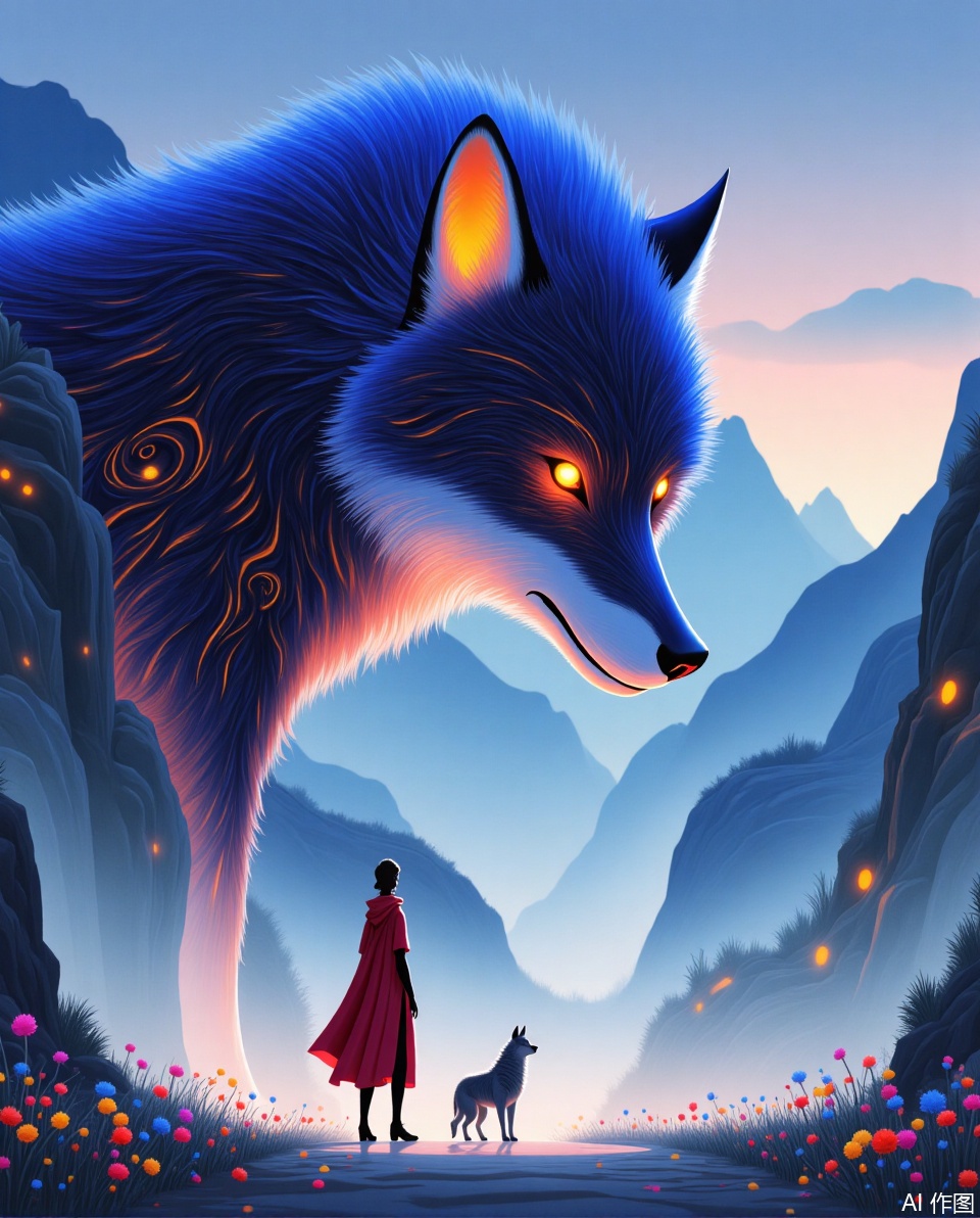 Ethereal artistic conception,Three - dimensional ancient - style arti, the picture depicts a large, delicately designed wolf with its fur appearing bright blue, orange and red, standing in the foreground with a striking appearance. Its eyes flashed with yellow light, giving it a strong and mysterious appearance. The wolf's fur is dotted with swirl patterns and small red dots, creating a sense of dynamic and vitality. In the background, there are mountains shrouded in mist under the twilight sky, and you can see a few clouds. The mountains are softly illuminated, adding to the ethereal atmosphere. There are two characters in the foreground: one is a human in a red cloak, and the other is a smaller, wolf-like creature. The human figure seemed to be looking up at the wolf, revealing a moment of awe or emotional connection. The scenery is dotted with colorful flowers and rocks, adding a bit of charm to this natural and peaceful scene. The entire scene has a fantastic qualities, blending elements of nature and fantasy.