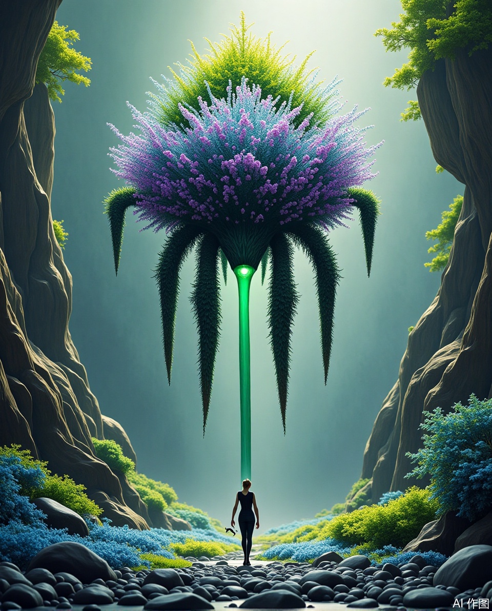 一只巨大的、幻想的狐狸,其设计错综复杂,与大自然无缝融合。它的皮毛由鲜艳的橙色和棕色元素组成,类似于叶子和树枝,给它一种自然的、几乎像树的外观。狐狸威严地站着,高高地站在一个穿着红色斗篷的小人物身上,这个小人物似乎在抬头看着这个生物。背景是一片宁静的风景,有薄雾笼罩的山脉、郁郁葱葱的植被和平静的水体,反映了这一场景。整体氛围神秘而超凡脱俗,灯光柔和,如梦如幻。 blending elements of nature and fantasy.,Three - dimensional ancient - style arti