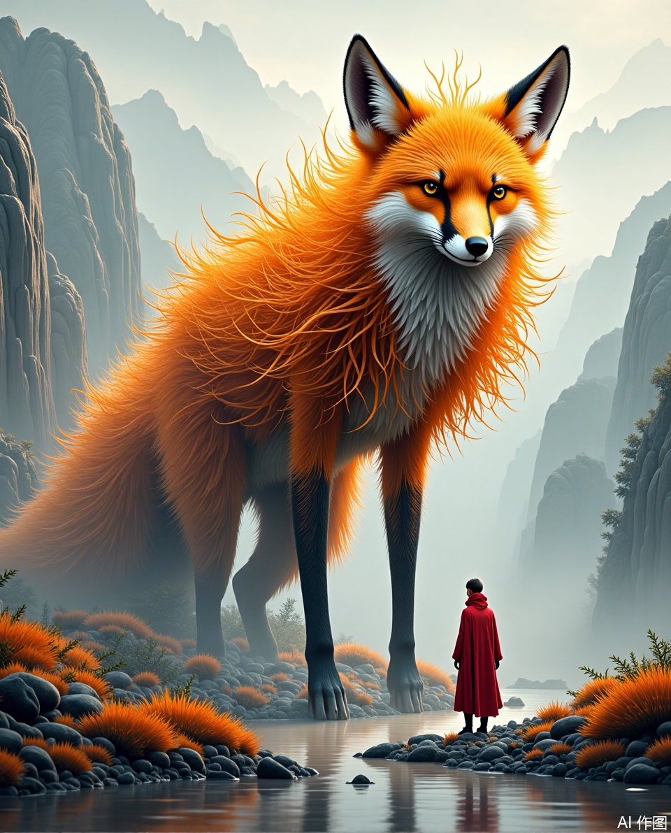 A huge, fantasy fox with intricate designs that blend seamlessly with nature. Its fur consists of bright orange and brown elements, similar to leaves and branches, giving it a natural, almost tree-like appearance. The fox stood majestic, standing high on a small figure in a red cloak who seemed to be looking up at the creature. The background is a peaceful landscape, misty mountains, lush vegetation and calm bodies of water that reflect the scene. The overall atmosphere is mysterious and extraordinary, with soft lighting, like a dream. blending elements of nature and fantasy.,Three - dimensional ancient - style arti