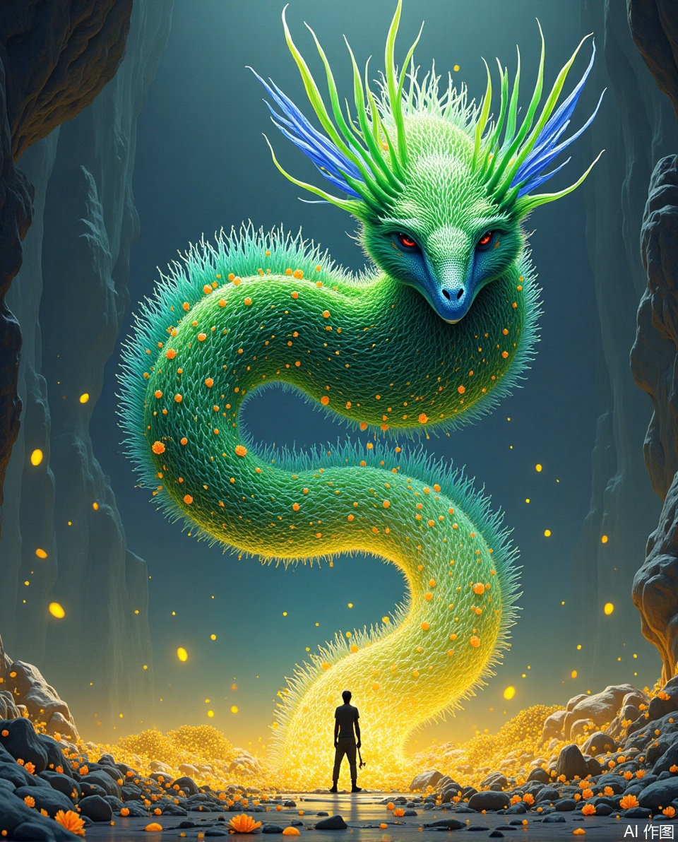 一只巨大的、幻想的狐狸,其设计错综复杂,与大自然无缝融合。它的皮毛由鲜艳的橙色和棕色元素组成,类似于叶子和树枝,给它一种自然的、几乎像树的外观。狐狸威严地站着,高高地站在一个穿着红色斗篷的小人物身上,这个小人物似乎在抬头看着这个生物。背景是一片宁静的风景,有薄雾笼罩的山脉、郁郁葱葱的植被和平静的水体,反映了这一场景。整体氛围神秘而超凡脱俗,灯光柔和,如梦如幻。 blending elements of nature and fantasy.,Three - dimensional ancient - style arti
