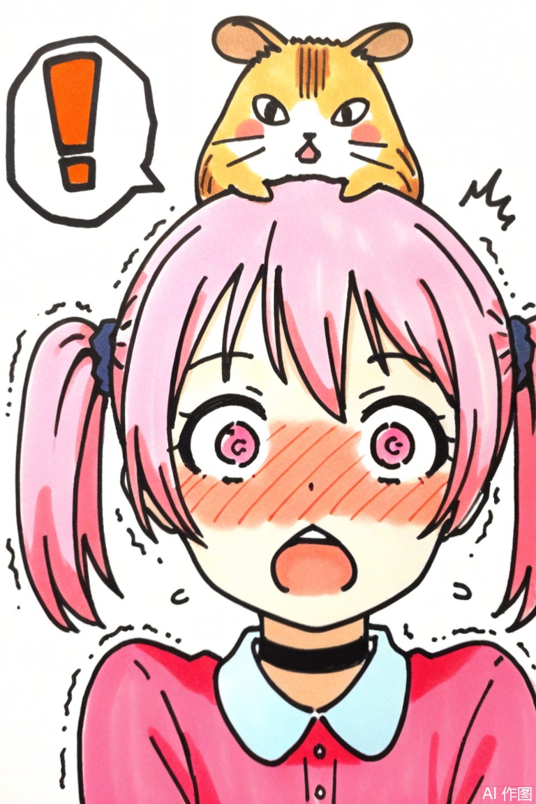 traditional media, simple background, white background,
1 little girl,solo,diagonal angle,upper body,masterpiece,best quality,amazing quality,very aesthetic,pink hair,twintails,pink eyes,@_@,chestnut mouth,open mouth,full-face blush,wide-eyed,surprised,constricted pupils,^^^,trembling,flying sweatdrops,choker,maid outfit,spoken exclamation mark,hamsters on her head,> <, 