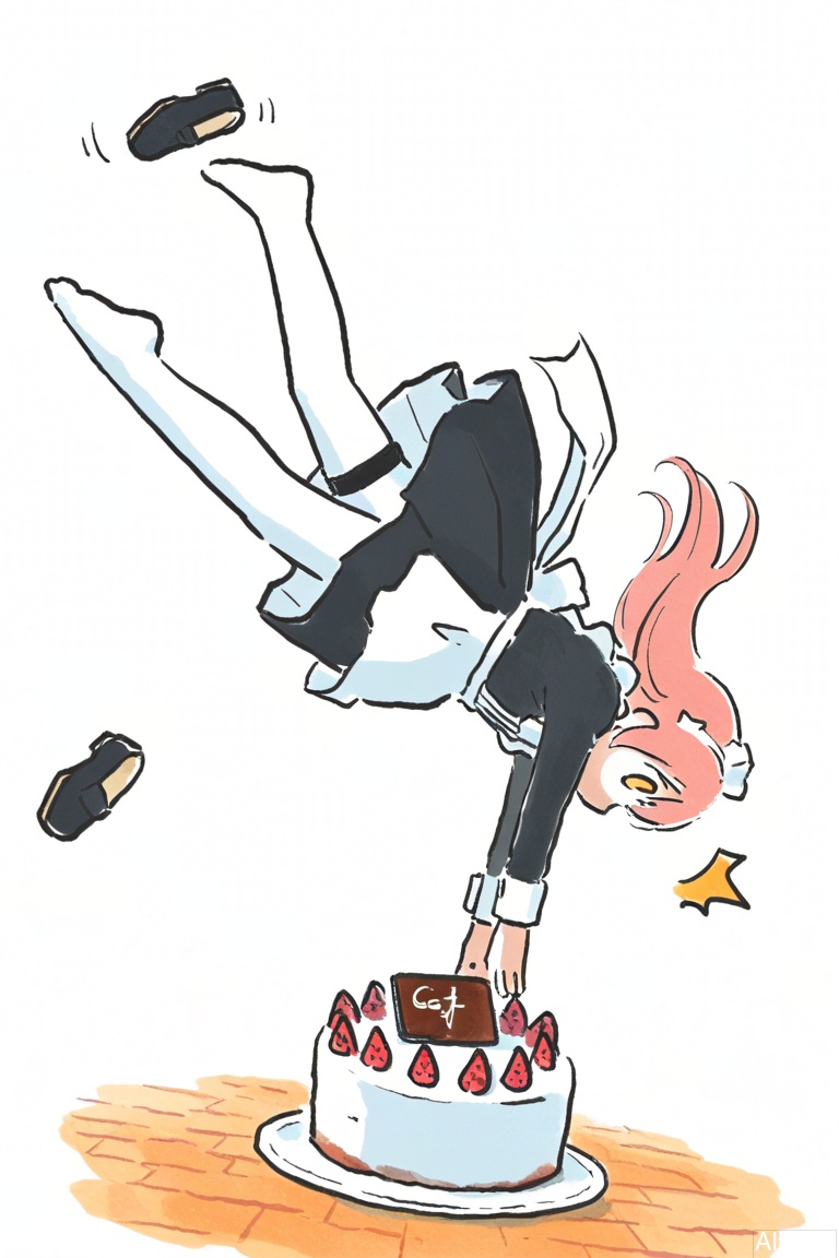 traditional media, simple background, signature,
girl,ningen mame,ciloranko,xinzoruo,solo,long hair,shoes,animal ears,pantyhose,single shoe,white pantyhose,dress,outstretched arms,pink hair,long sleeves,falling,falling,from side,motion lines,^^^,trembling,fall down,get on the ground,yellow eyes,apron,wrist cuffs,maid,maid headdress,thigh strap,fruit,waist apron,white apron,bandaid,tray,cake,strawberry,holding tray,white_background,
