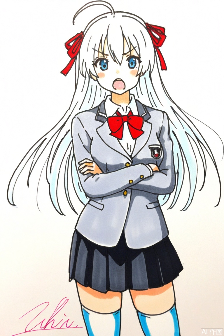 traditional media, simple background, signature,
1girl,solo,thighhighs,long hair,ahoge,zettai ryouiki,blue eyes,looking at viewer,white thighhighs,skirt,white background,simple background,ribbon,crossed arms,bow,bowtie,long sleeves,hair ribbon,pleated skirt,open mouth,shirt,jacket,breasts,cowboy shot,blush,black skirt,red bow,red ribbon,school uniform,white hair,red bowtie,standing,collared shirt,medium breasts,hair between eyes,grey jacket,miniskirt,white shirt,v-shaped eyebrows,white jacket,