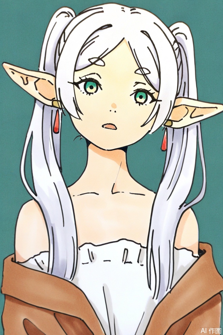 traditional media, simple background, 
1girl,solo,long hair,looking at viewer,open mouth,bangs,simple background,dress,twintails,jewelry,green eyes,collarbone,upper body,white hair,earrings,pointy ears,off shoulder,head tilt,parted bangs,elf,green background,brown jacket,frieren,