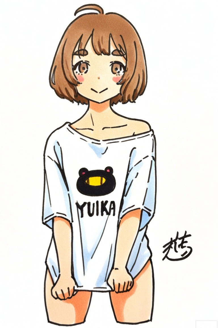 traditional media, simple background, signature,
1girl,solo,looking at viewer,blush,smile,short hair,bangs,brown hair,shirt,brown eyes,closed mouth,collarbone,ahoge,cowboy shot,white background,off shoulder,thick eyebrows,t-shirt,cropped legs,white shirt,:>,shirt tug,