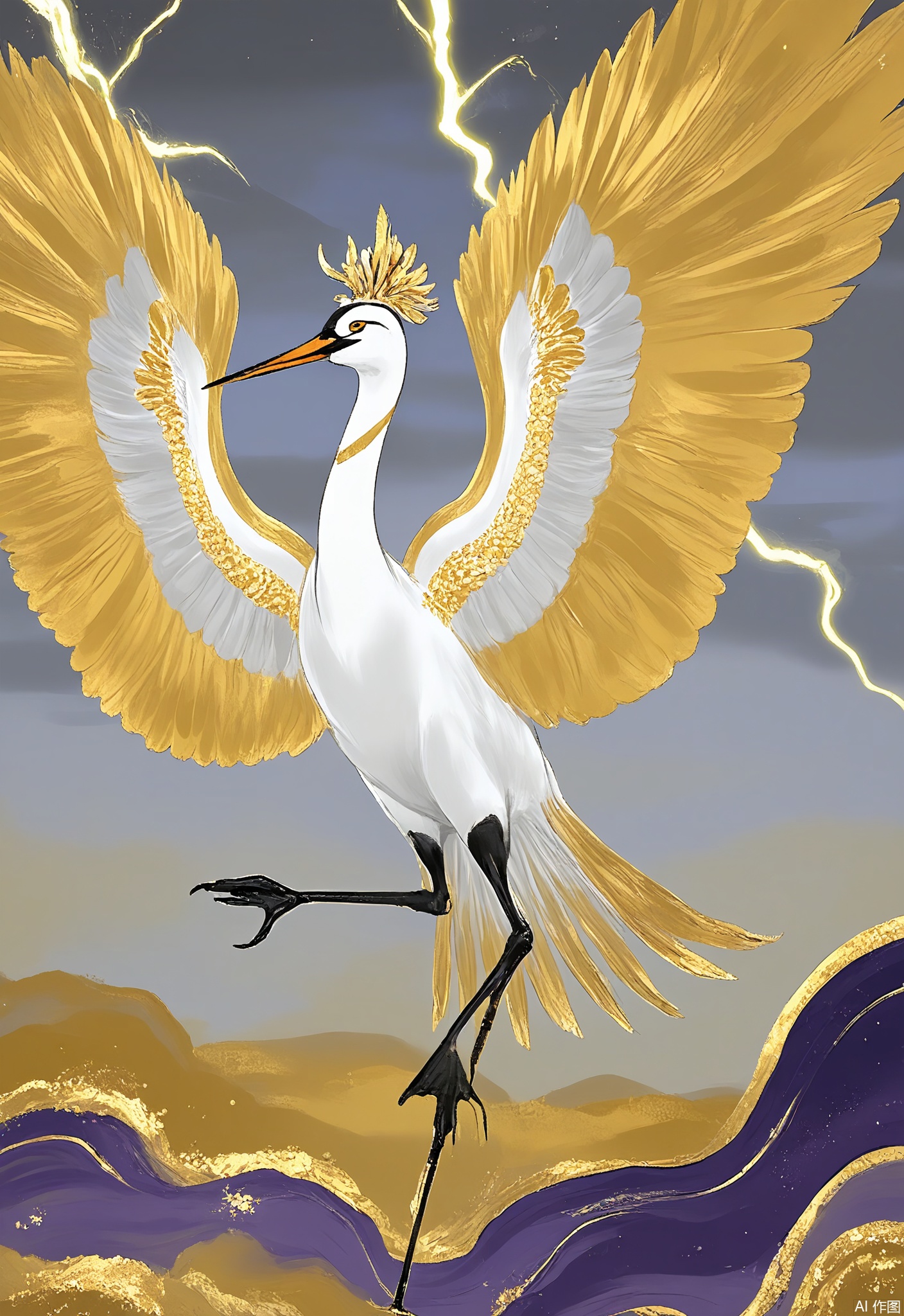 JBYC, A crane spreads its wings against a stormy sky, each feather tipped with gold foil lightning. The tempest swirls with mineral pigments of indigo and silver, punctuated by falling gold raindrops.
