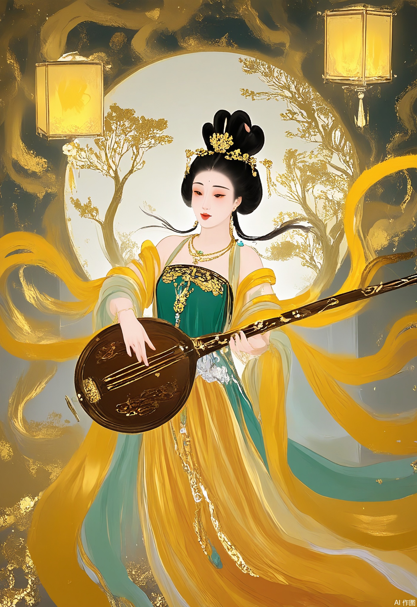 JBYC, A courtesan plays a pipa beneath a gold-leaf willow tree, her instrument's strings vibrating with golden energy. The garden blends emerald rock textures with floating lanterns in amber and gold.
