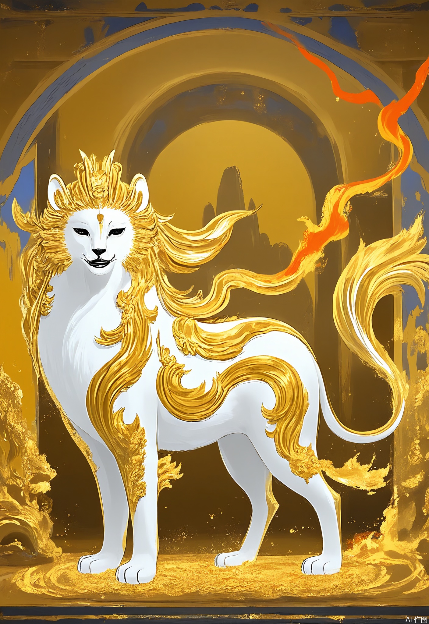 JBYC, A guardian lion statue comes alive, its mane blazing with gold foil flames. The temple gate behind it dissolves into mineral pigment mists of vermilion and gold, revealing distant pagodas.
