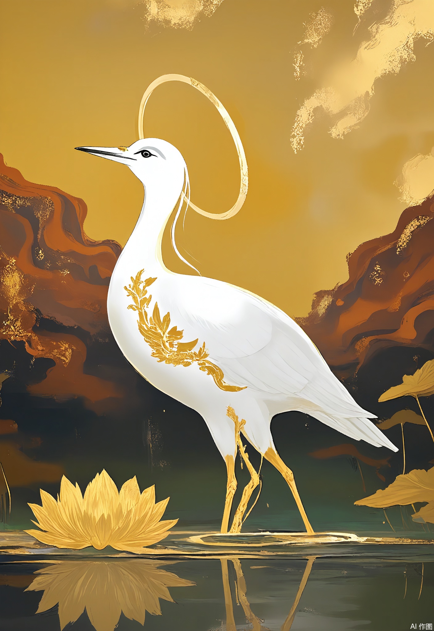 JBYC, A lotus pond at dawn features a solitary white heron wading through gold-flecked waters, its reflection mirrored in a circular halo of molten copper tones. Delicate gold foil veins trace the lotus leaves.
