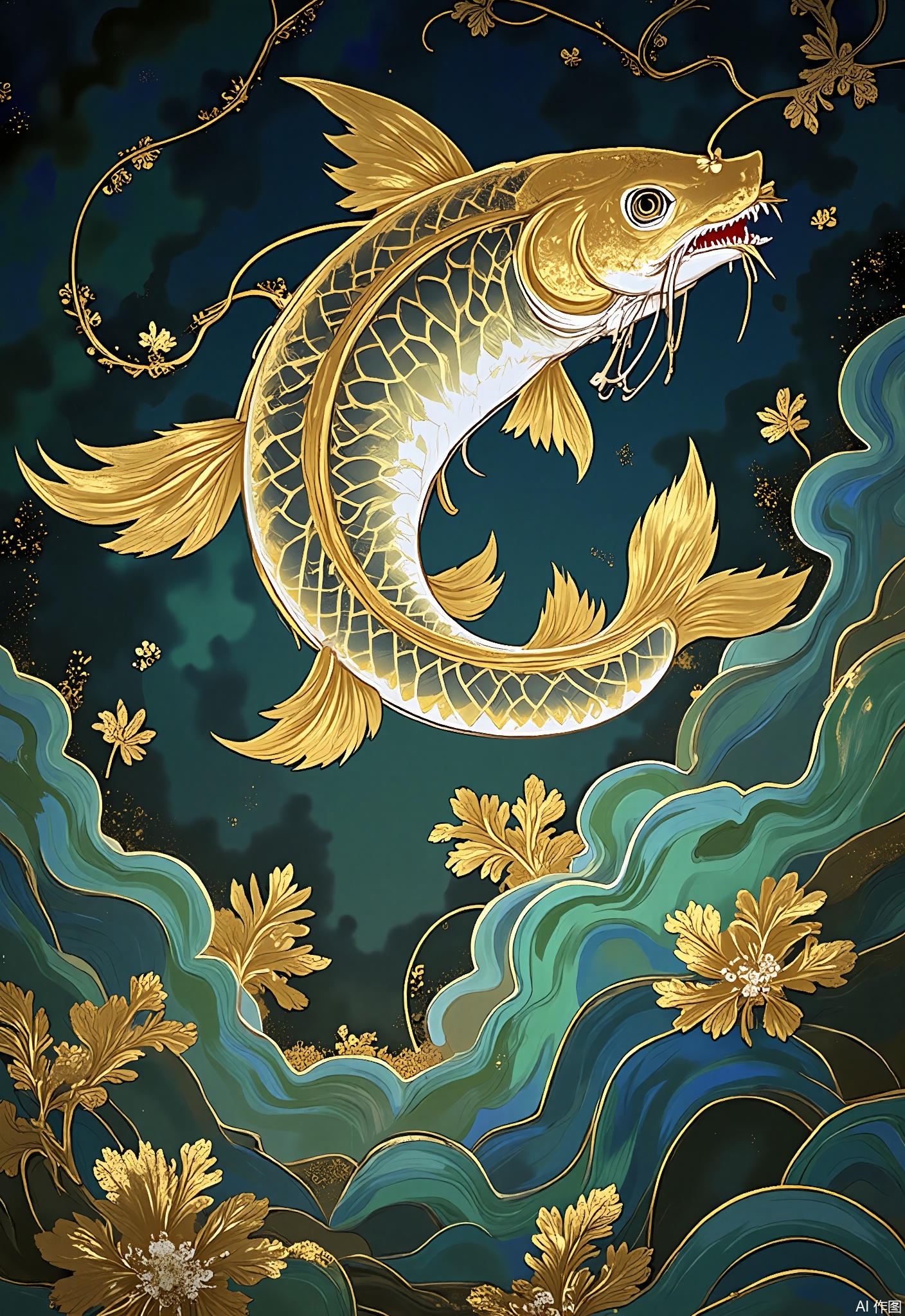 JBYC,
A leaping carp transforms into a dragon mid-air, its scales transitioning from gold foil to mineral jade. The waterfall backdrop features dissolving ink gradients and floating calligraphy brushes.
