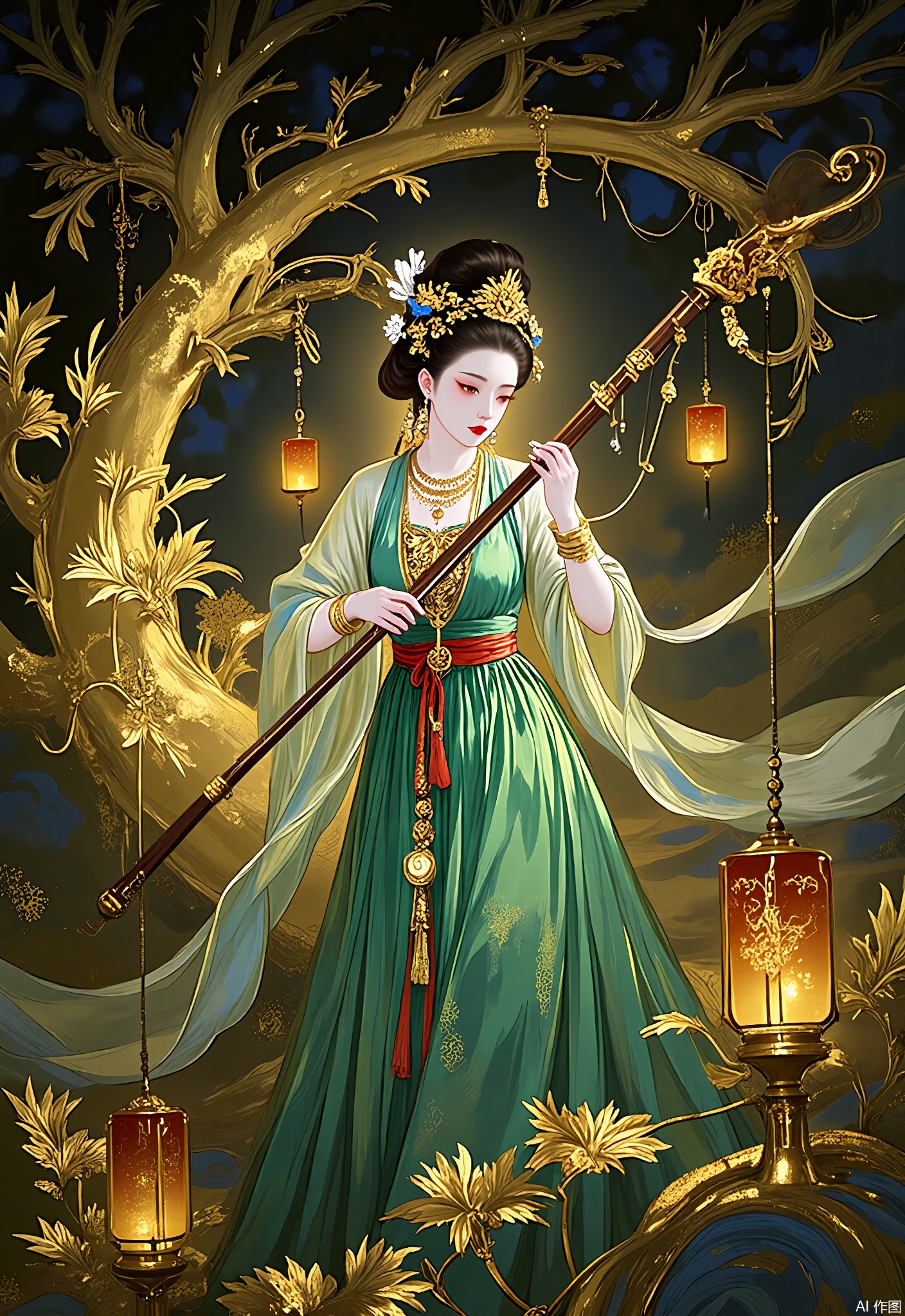JBYC,
A courtesan plays a pipa beneath a gold-leaf willow tree, her instrument's strings vibrating with golden energy. The garden blends emerald rock textures with floating lanterns in amber and gold.
