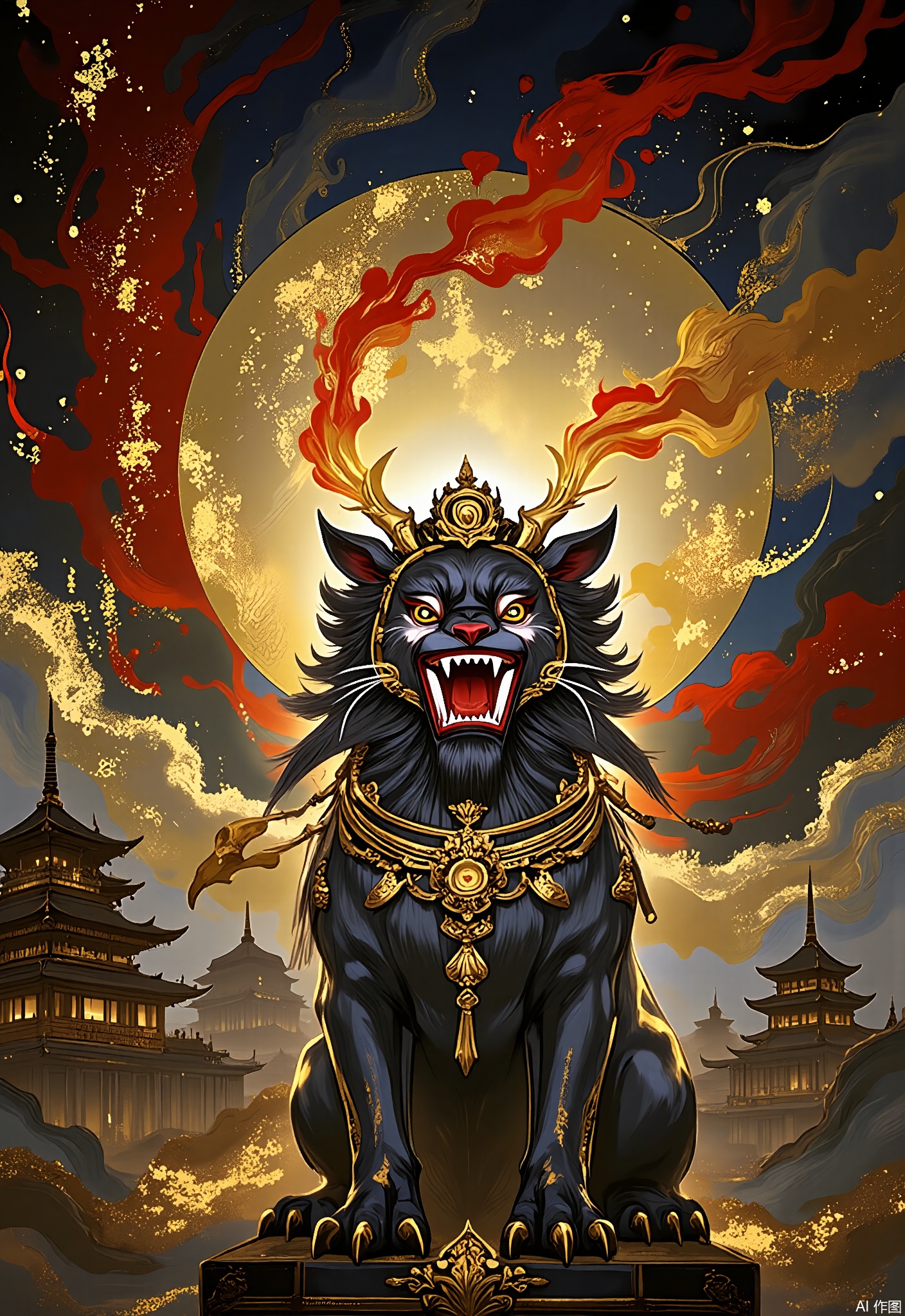 JBYC,
A guardian lion statue comes alive, its mane blazing with gold foil flames. The temple gate behind it dissolves into mineral pigment mists of vermilion and gold, revealing distant pagodas.
