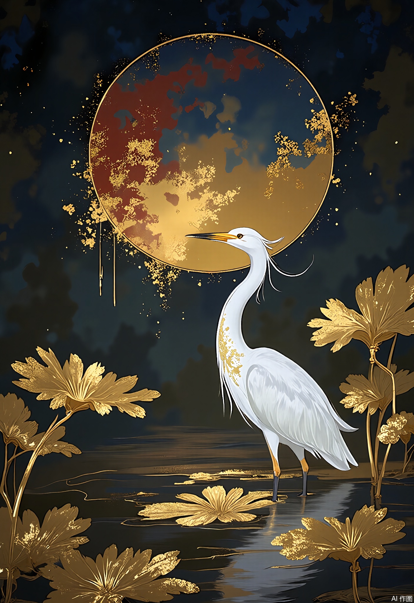 JBYC,
A lotus pond at dawn features a solitary white heron wading through gold-flecked waters, its reflection mirrored in a circular halo of molten copper tones. Delicate gold foil veins trace the lotus leaves.
