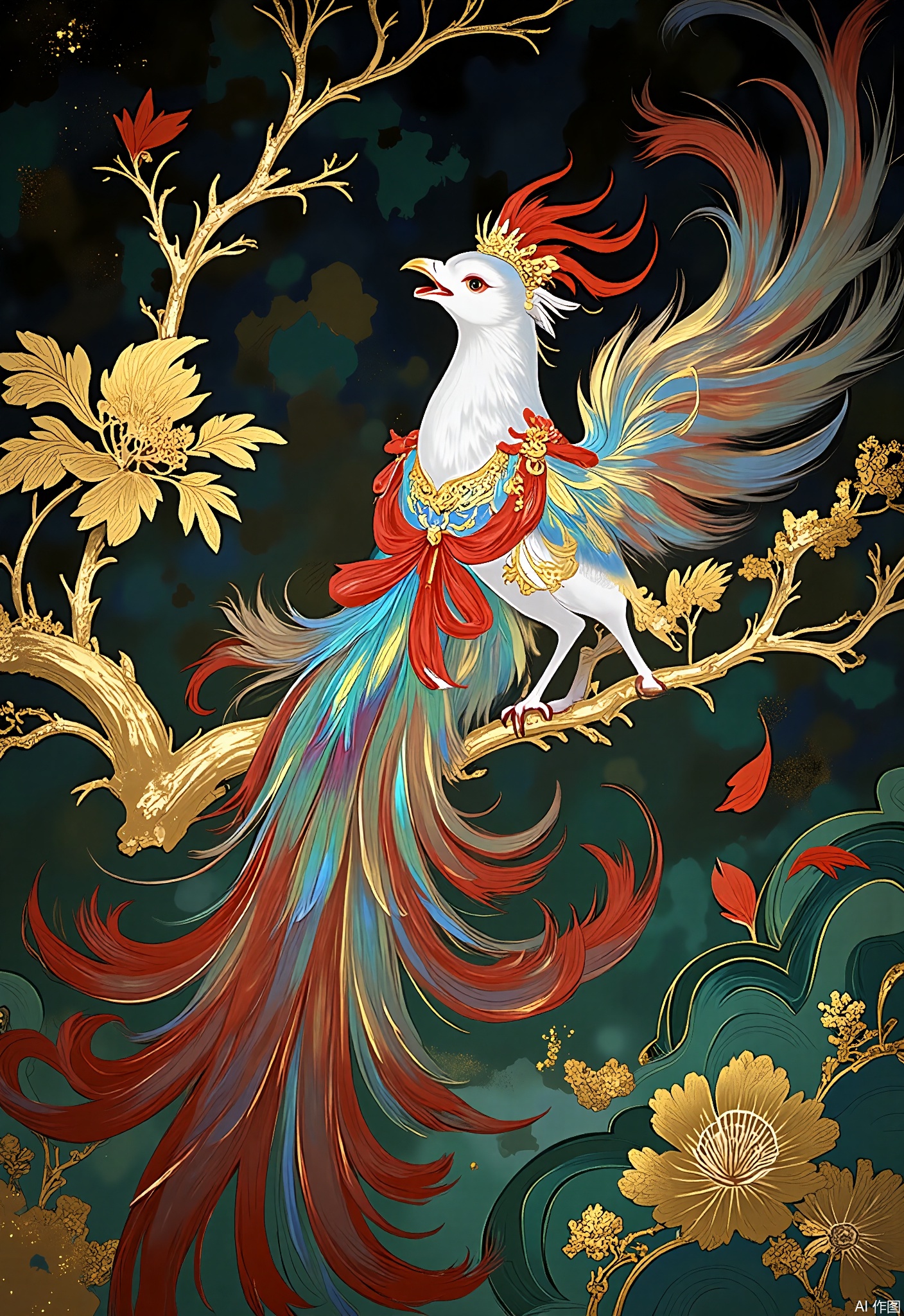 JBYC,
A regal phoenix with iridescent crimson feathers perches on a gnarled peach tree branch, its tail feathers cascading into a gold foil waterfall backdrop. The scene shimmers with crushed malachite textures and floating peony petals.