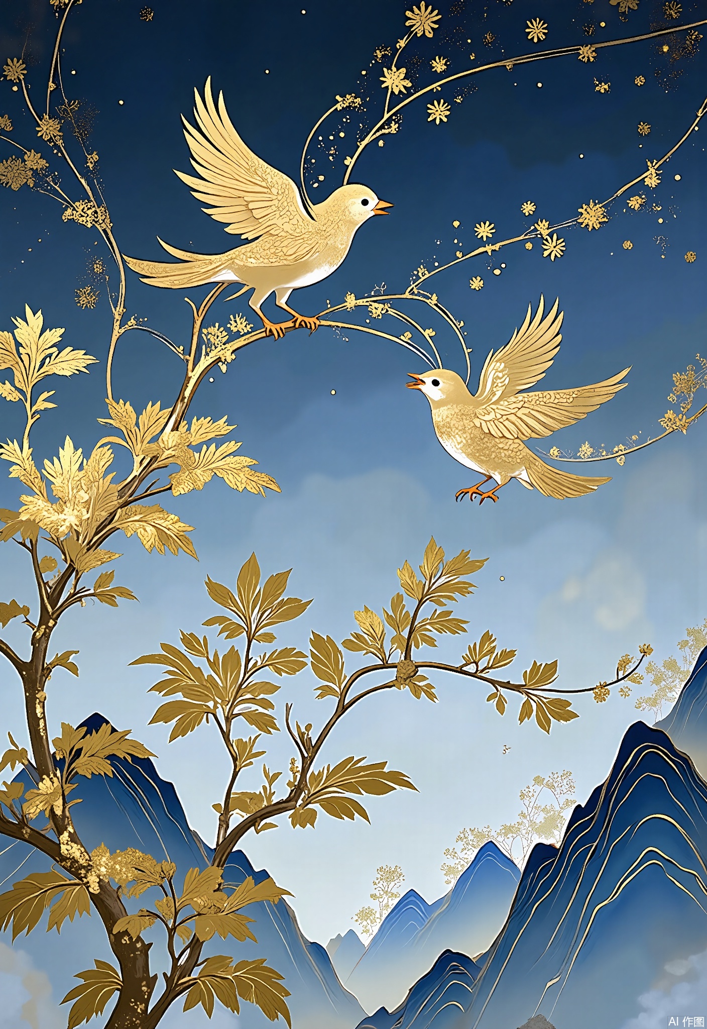 JBYC,
A flock of sparrows takes flight from gold-leaf plum blossoms, their wings creating mineral pigment wind trails. The winter scene combines gold foil snowflakes with indigo mountain silhouettes.
