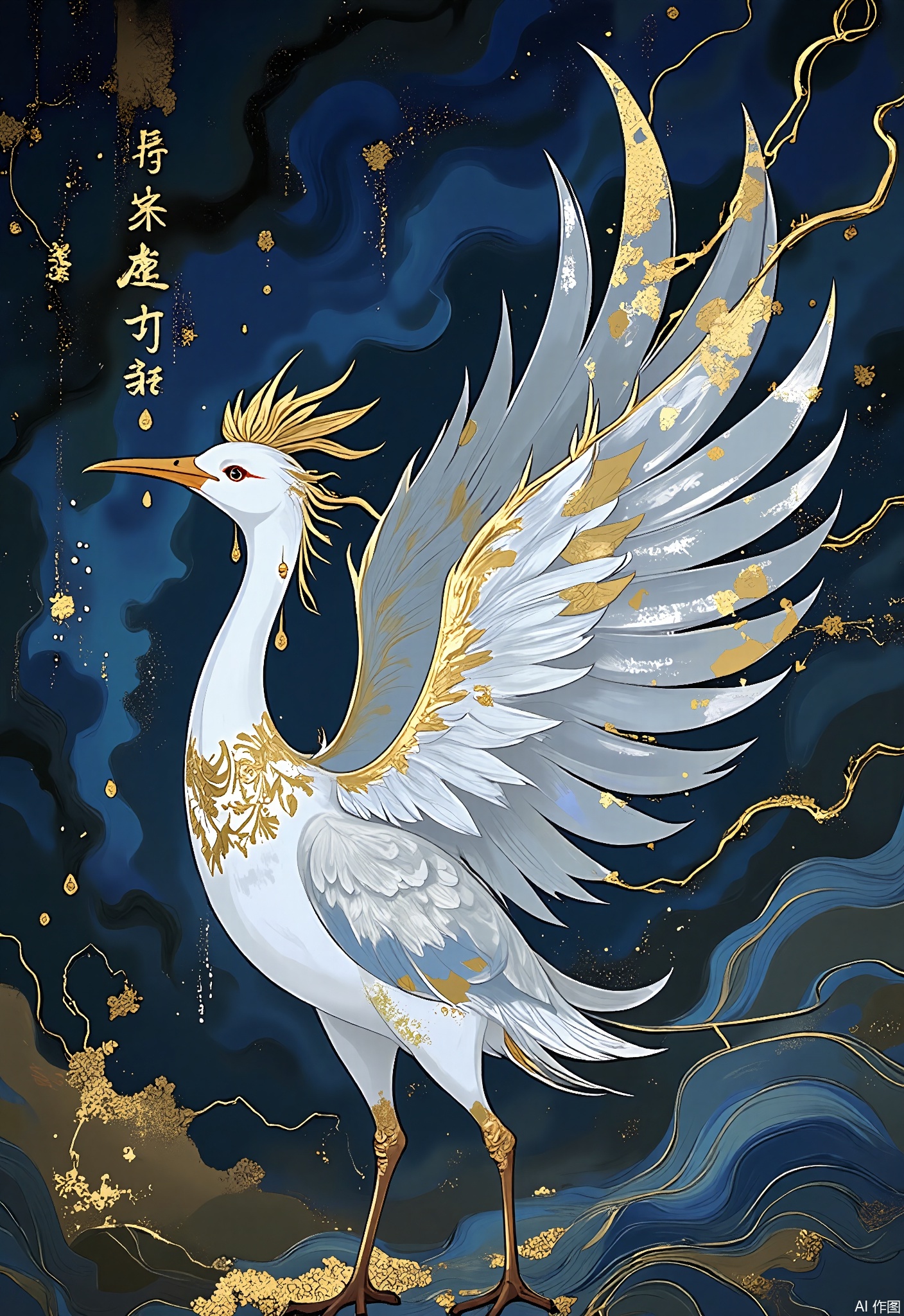 JBYC,
A crane spreads its wings against a stormy sky, each feather tipped with gold foil lightning. The tempest swirls with mineral pigments of indigo and silver, punctuated by falling gold raindrops.
