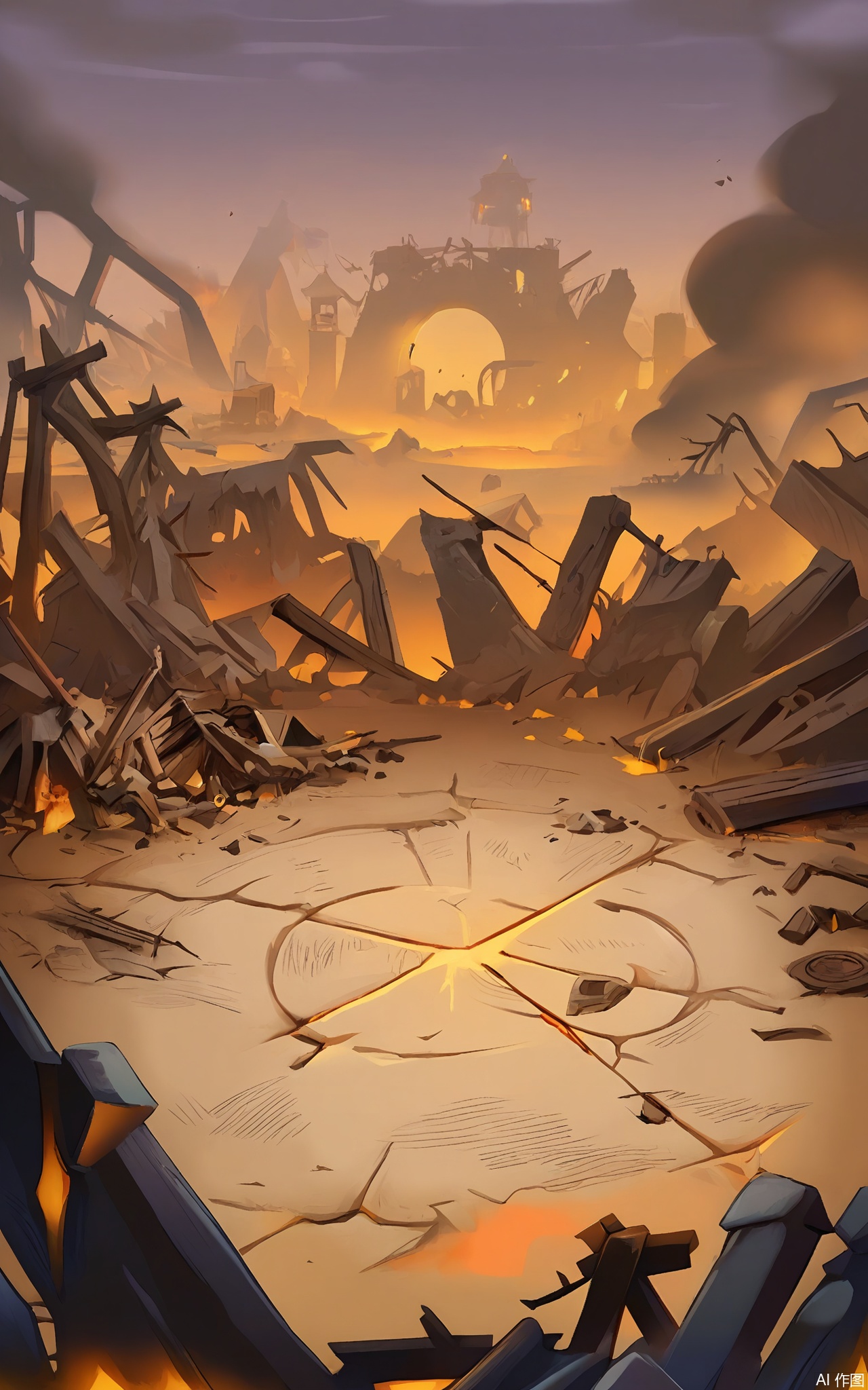 KTCJ, A digital cartoon illustration depicts a post-apocalyptic cityscape at dawn. Skyscrapers lie in ruins, with smoke rising from the debris. The foreground features a cracked highway filled with abandoned cars. Rusted barrels and broken streetlights are scattered around, and a large sign with "WASTELAND" written in graffiti stands on a pile of rubble. The sky is a dull gray, with a faint orange glow on the horizon. The atmosphere is desolate and hopeless.

