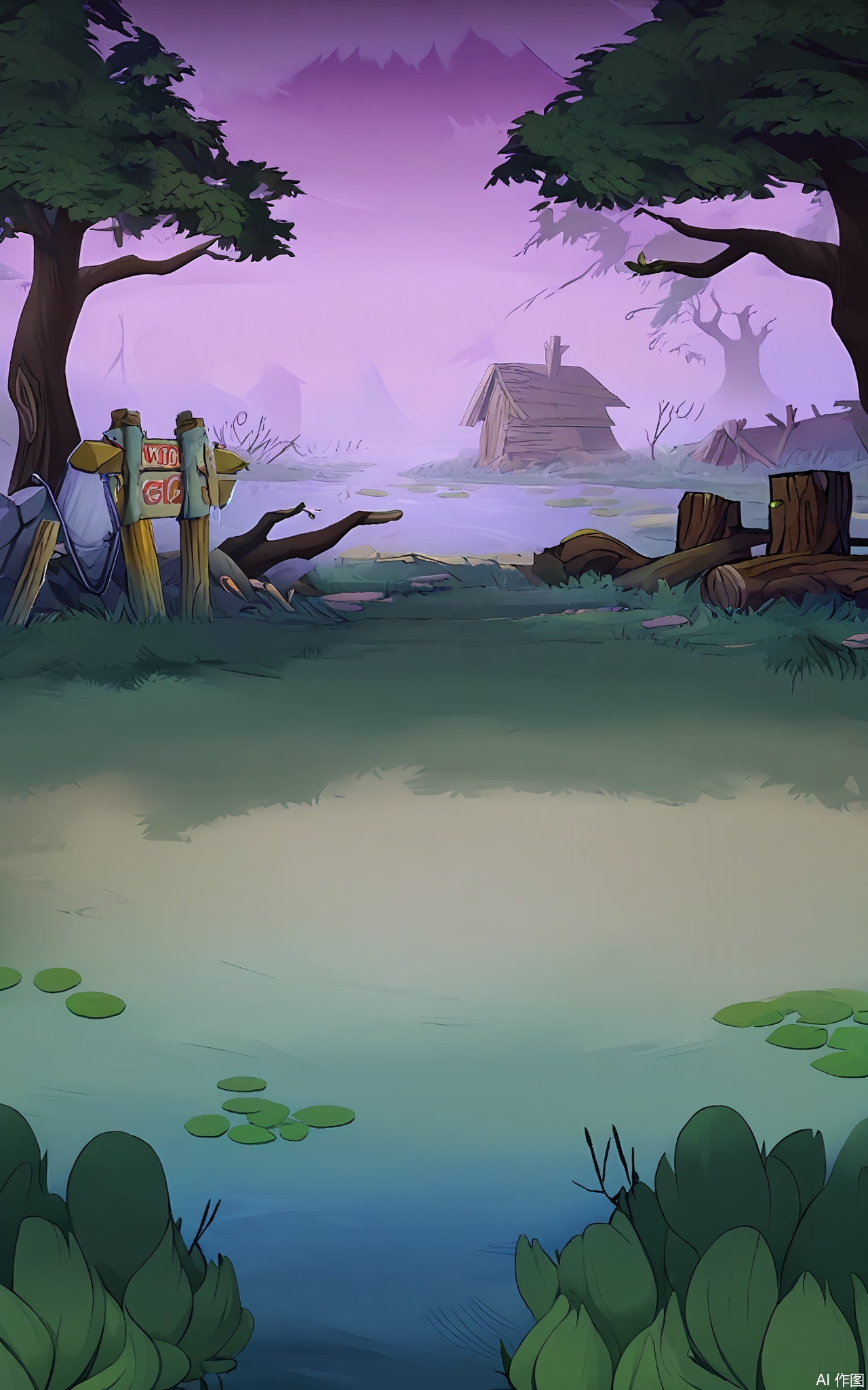 KTCJ, A digital cartoon illustration showcases a swampy marshland at twilight. A decrepit wooden shack with a crooked chimney sits on stilts in the middle of murky water. The foreground features a narrow, muddy trail with lily pads floating on either side. Slimy logs and decaying vegetation are strewn about, and a weathered sign with "MIRE OF MISERY" written on it leans against a tree. The sky is a sickly green, with gnarled trees silhouetted against it. The mood is damp and dismal.
