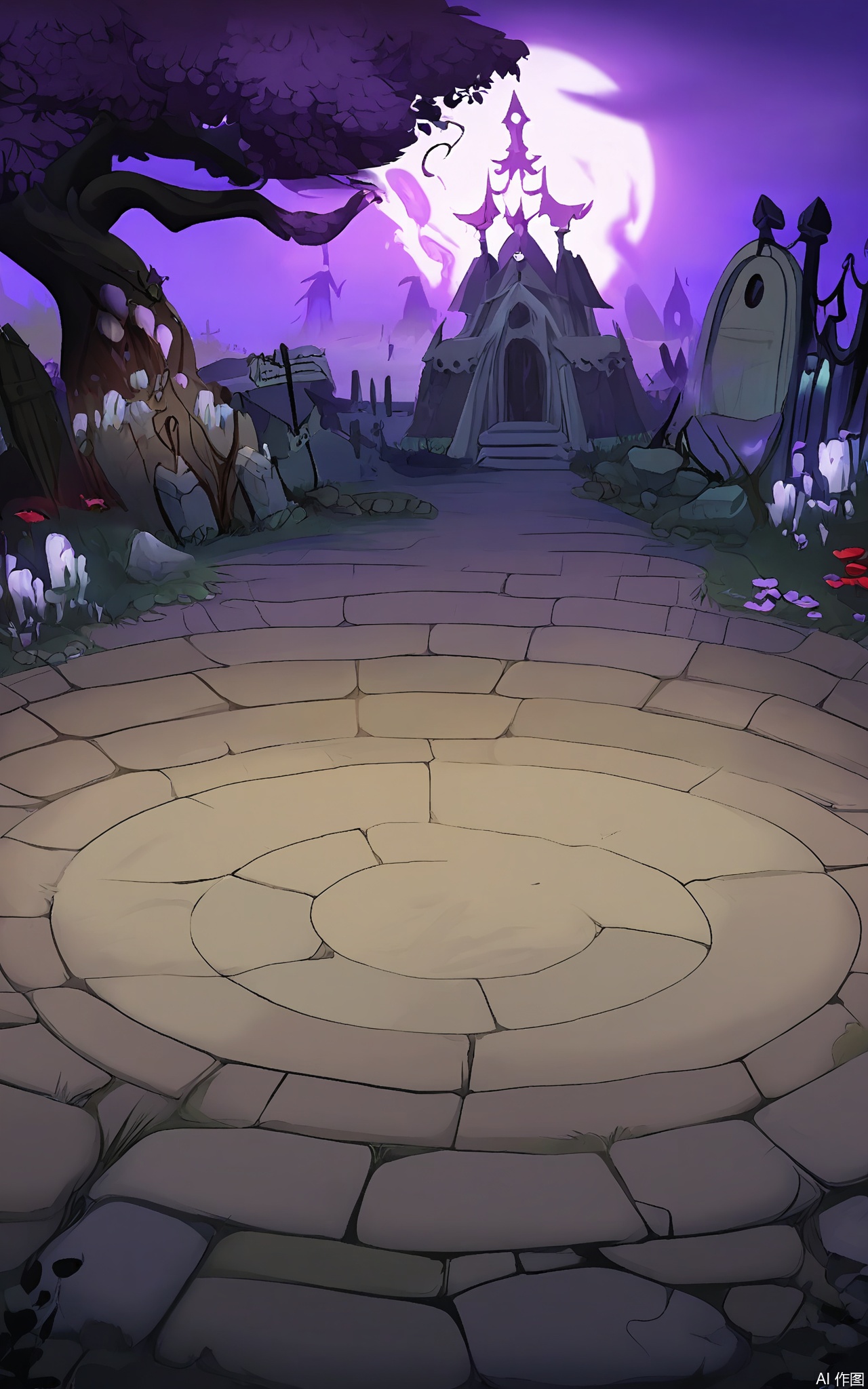 KTCJ, A digital cartoon illustration illustrates a haunted graveyard at midnight. A dilapidated mausoleum with a broken door stands in the center. The foreground shows a cobblestone path lined with tilted tombstones. Wilted flowers and broken lanterns are strewn about, and a large sign with "RESTLESS SOULS" painted on it hangs from a tree. The sky is a dark purple, with a full moon casting an eerie glow. The mood is spooky and unsettling.
