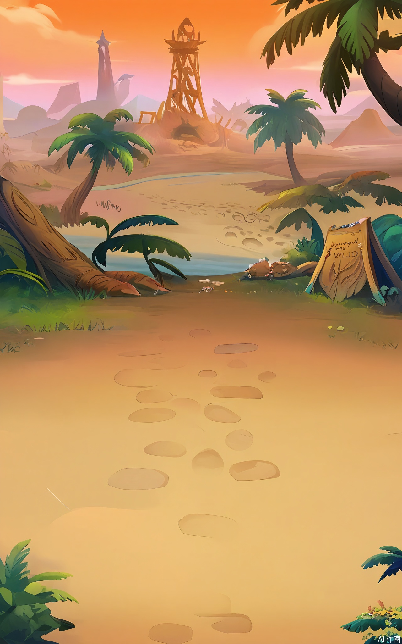 KTCJ, A digital cartoon illustration presents a prehistoric jungle at sunrise. Massive dinosaurs roam the landscape, and ferns and palm trees tower above. The foreground features a muddy riverbank with footprints of large creatures. Fossils and bones are scattered around, and a large sign with "JURASSIC REALM" carved into a tree trunk stands nearby. The sky is a soft pink and orange, with birds flying overhead. The atmosphere is wild and untamed.
