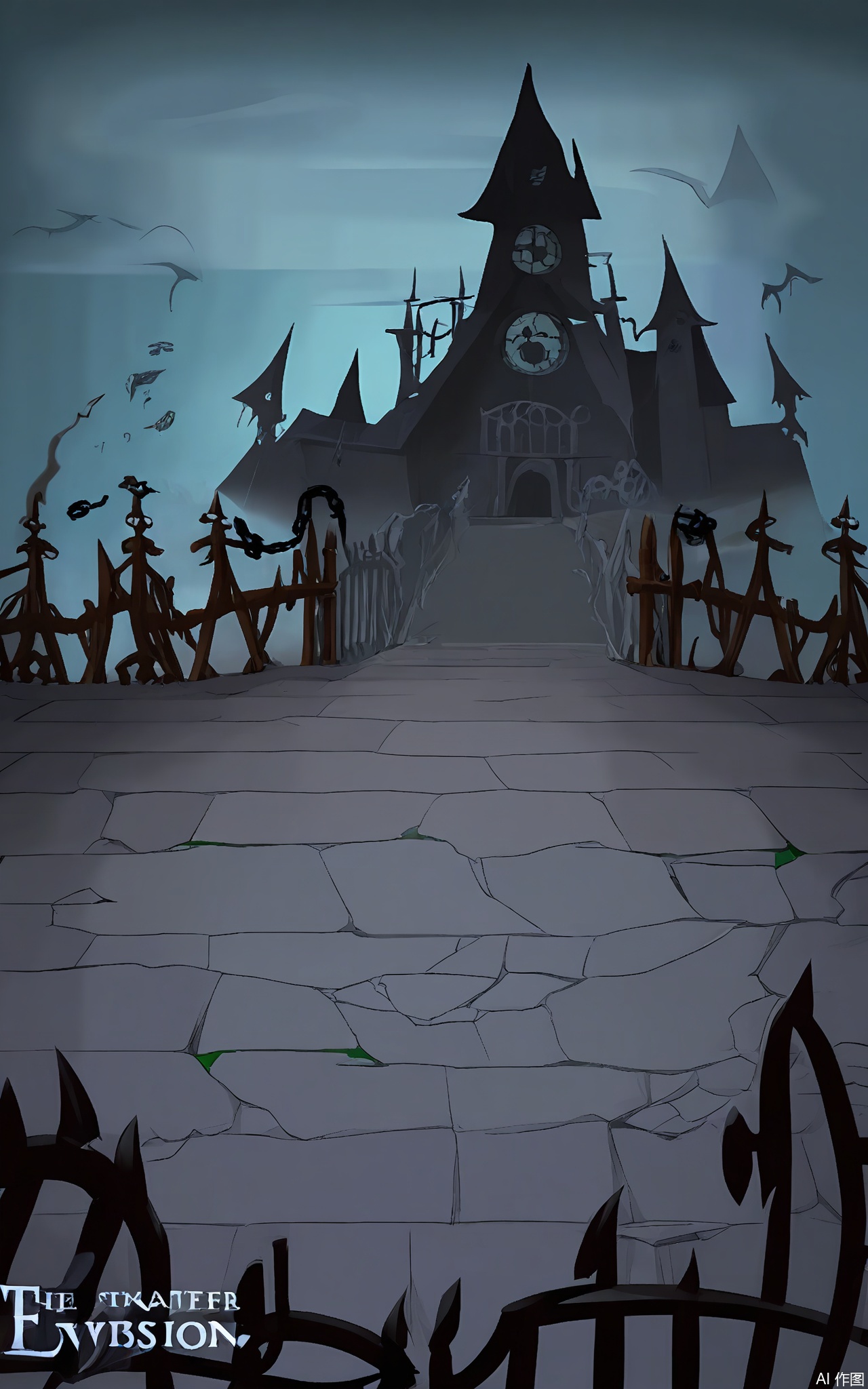 KTCJ, A digital cartoon illustration illustrates a haunted mansion at dusk. The mansion is surrounded by a wrought-iron fence, and ivy climbs up the walls. The foreground shows a crumbling driveway with a broken carriage. Cobwebs and dust are everywhere, and a large sign with "ABANDONED MANSION" painted on it hangs from the gate. The sky is a dark gray, with a storm brewing. The mood is creepy and ominous.
