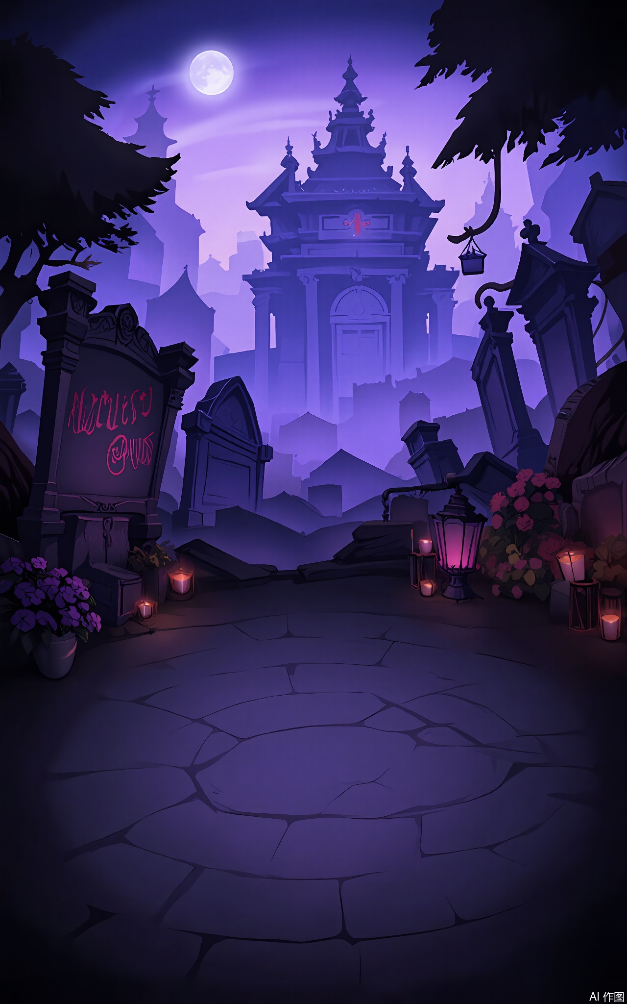 KTCJ, A digital cartoon illustration illustrates a haunted graveyard at midnight. A dilapidated mausoleum with a broken door stands in the center. The foreground shows a cobblestone path lined with tilted tombstones. Wilted flowers and broken lanterns are strewn about, and a large sign with "RESTLESS SOULS" painted on it hangs from a tree. The sky is a dark purple, with a full moon casting an eerie glow. The mood is spooky and unsettling.
