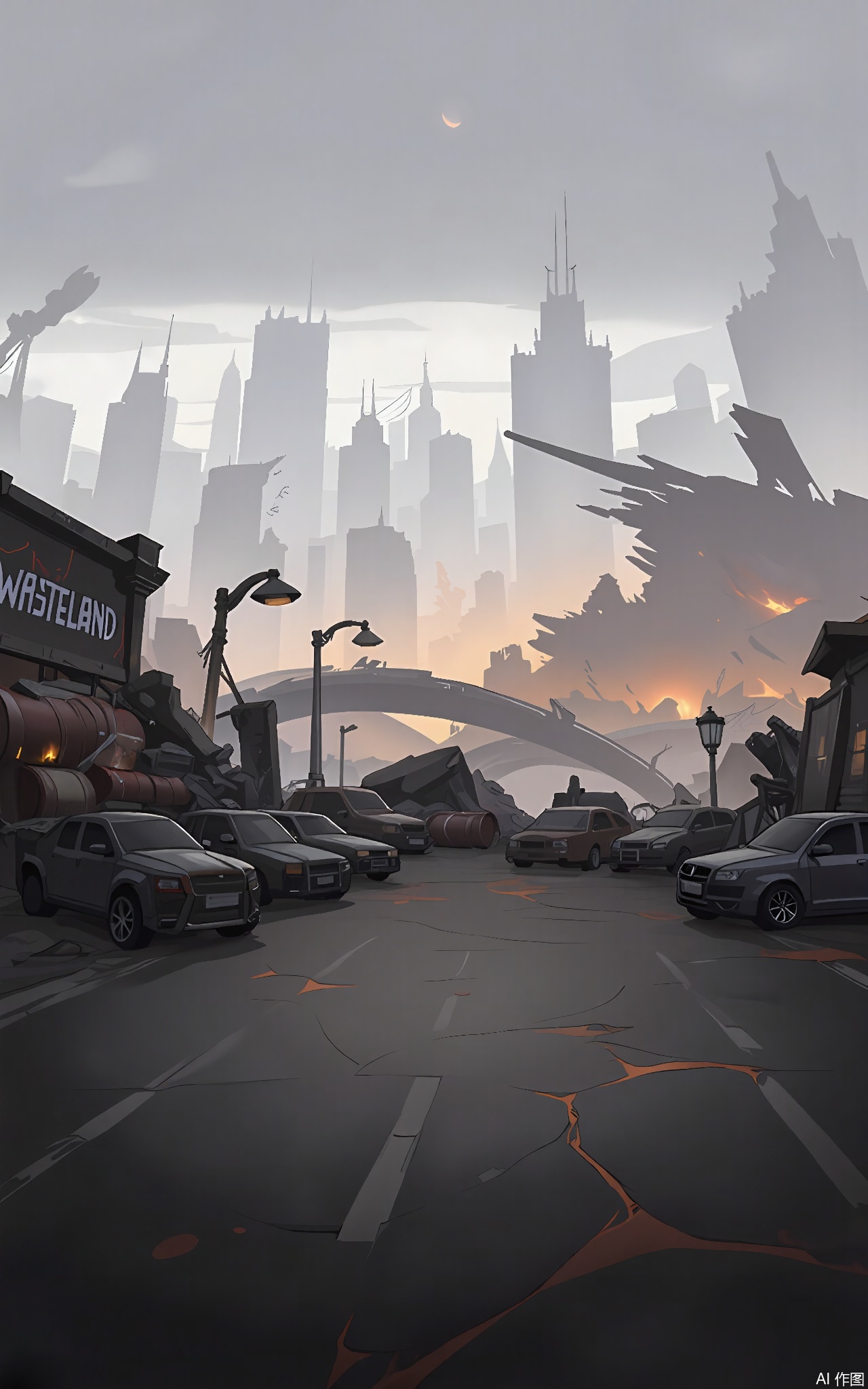 KTCJ, A digital cartoon illustration depicts a post-apocalyptic cityscape at dawn. Skyscrapers lie in ruins, with smoke rising from the debris. The foreground features a cracked highway filled with abandoned cars. Rusted barrels and broken streetlights are scattered around, and a large sign with "WASTELAND" written in graffiti stands on a pile of rubble. The sky is a dull gray, with a faint orange glow on the horizon. The atmosphere is desolate and hopeless.
