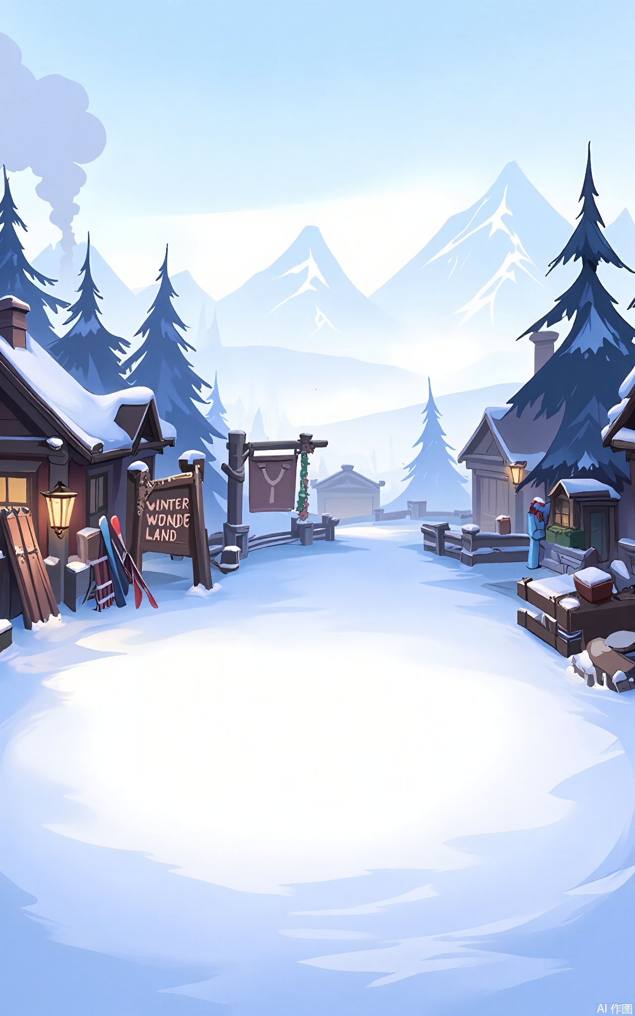 KTCJ, A digital cartoon illustration depicts a snowy mountain village at dawn. Chalet-style houses with smoke rising from chimneys dot the landscape. The foreground features a snowy path lined with pine trees. Skis and sleds are leaning against walls, and a large sign with "WINTER WONDERLAND" painted on it hangs from a lamppost. The sky is a pale blue, with snow-capped peaks in the distance. The atmosphere is cozy and festive.
