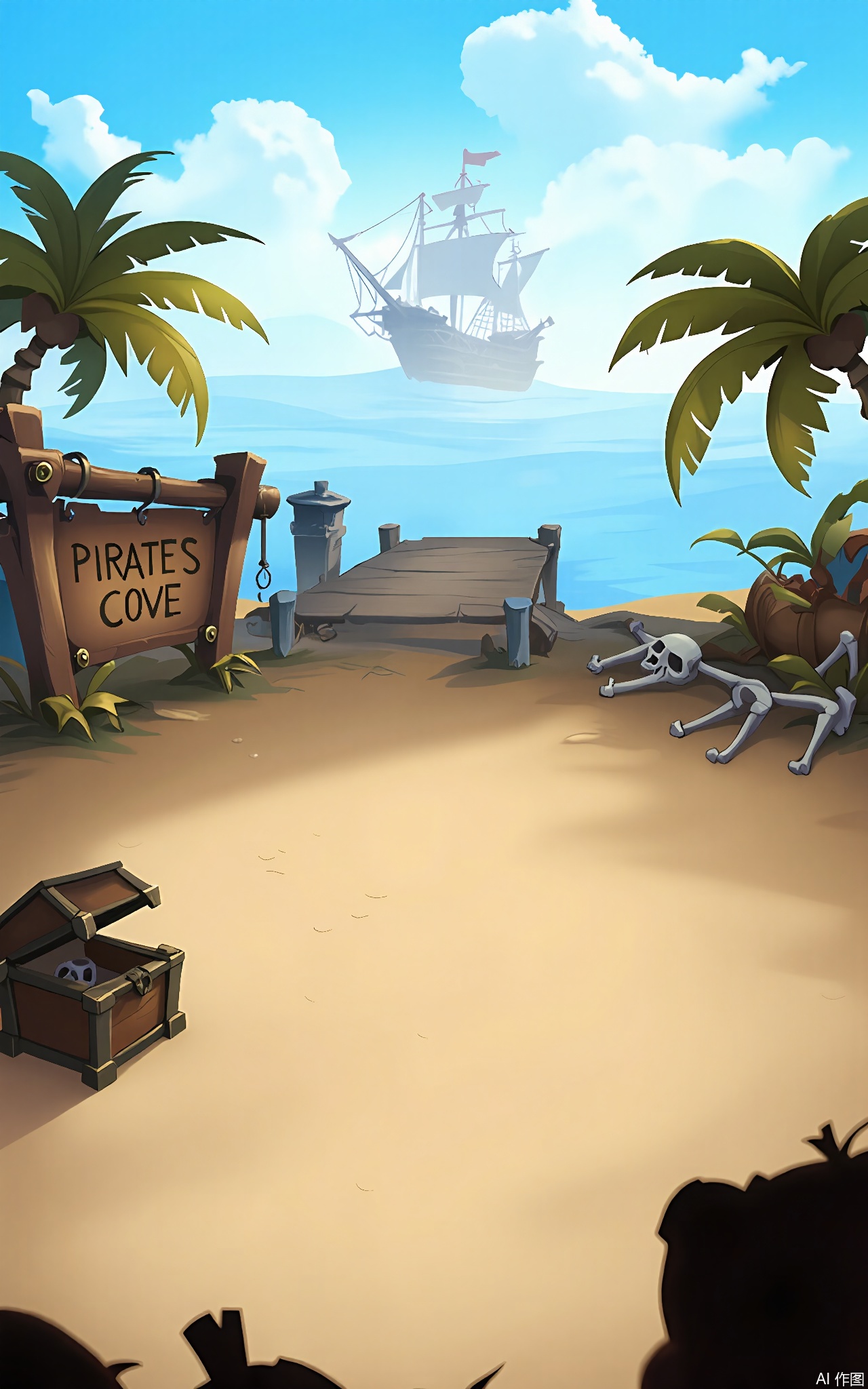 KTCJ, A digital cartoon illustration presents a pirate-infested island at noon. A rickety wooden pier leads to a dilapidated pirate ship anchored offshore. The foreground features a sandy beach with palm trees swaying in the breeze. Treasure chests and skeletons are half-buried in the sand, and a large sign with "PIRATE'S COVE" painted on it hangs from a palm tree. The sky is a bright blue, with fluffy white clouds. The atmosphere is adventurous and treacherous.
