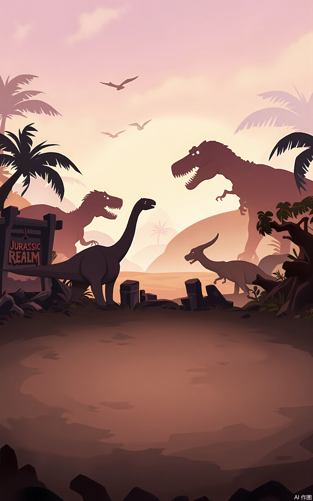 KTCJ, A digital cartoon illustration presents a prehistoric jungle at sunrise. Massive dinosaurs roam the landscape, and ferns and palm trees tower above. The foreground features a muddy riverbank with footprints of large creatures. Fossils and bones are scattered around, and a large sign with "JURASSIC REALM" carved into a tree trunk stands nearby. The sky is a soft pink and orange, with birds flying overhead. The atmosphere is wild and untamed.

