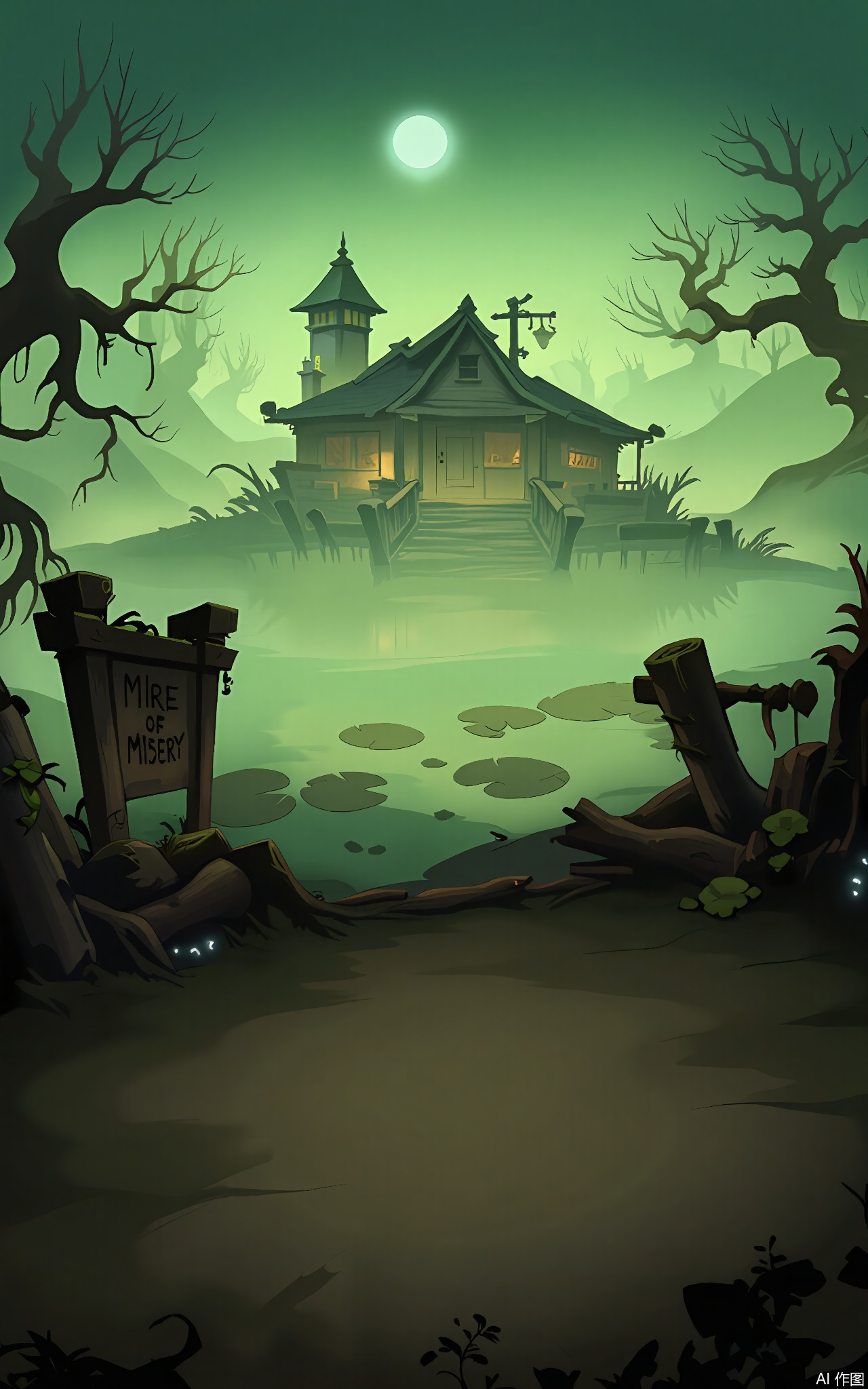 KTCJ, A digital cartoon illustration showcases a swampy marshland at twilight. A decrepit wooden shack with a crooked chimney sits on stilts in the middle of murky water. The foreground features a narrow, muddy trail with lily pads floating on either side. Slimy logs and decaying vegetation are strewn about, and a weathered sign with "MIRE OF MISERY" written on it leans against a tree. The sky is a sickly green, with gnarled trees silhouetted against it. The mood is damp and dismal.
