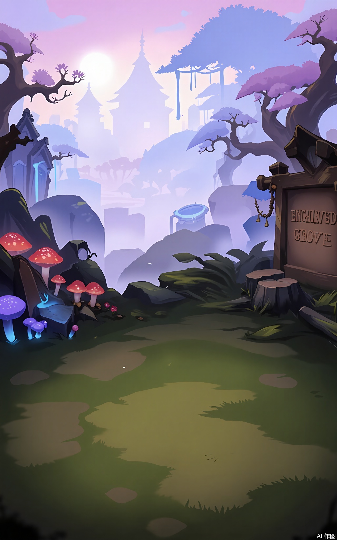 KTCJ, A digital cartoon illustration showcases a mystical forest at sunrise. Glowing mushrooms dot the forest floor, and ancient trees with twisted branches tower above. The foreground displays a moss-covered path winding through the trees. Fairy dust sparkles in the air, and a large sign with "ENCHANTED GROVE" etched into it stands near a tree stump. The sky is a soft pink and blue, with rays of sunlight filtering through the leaves. The mood is magical and serene.
