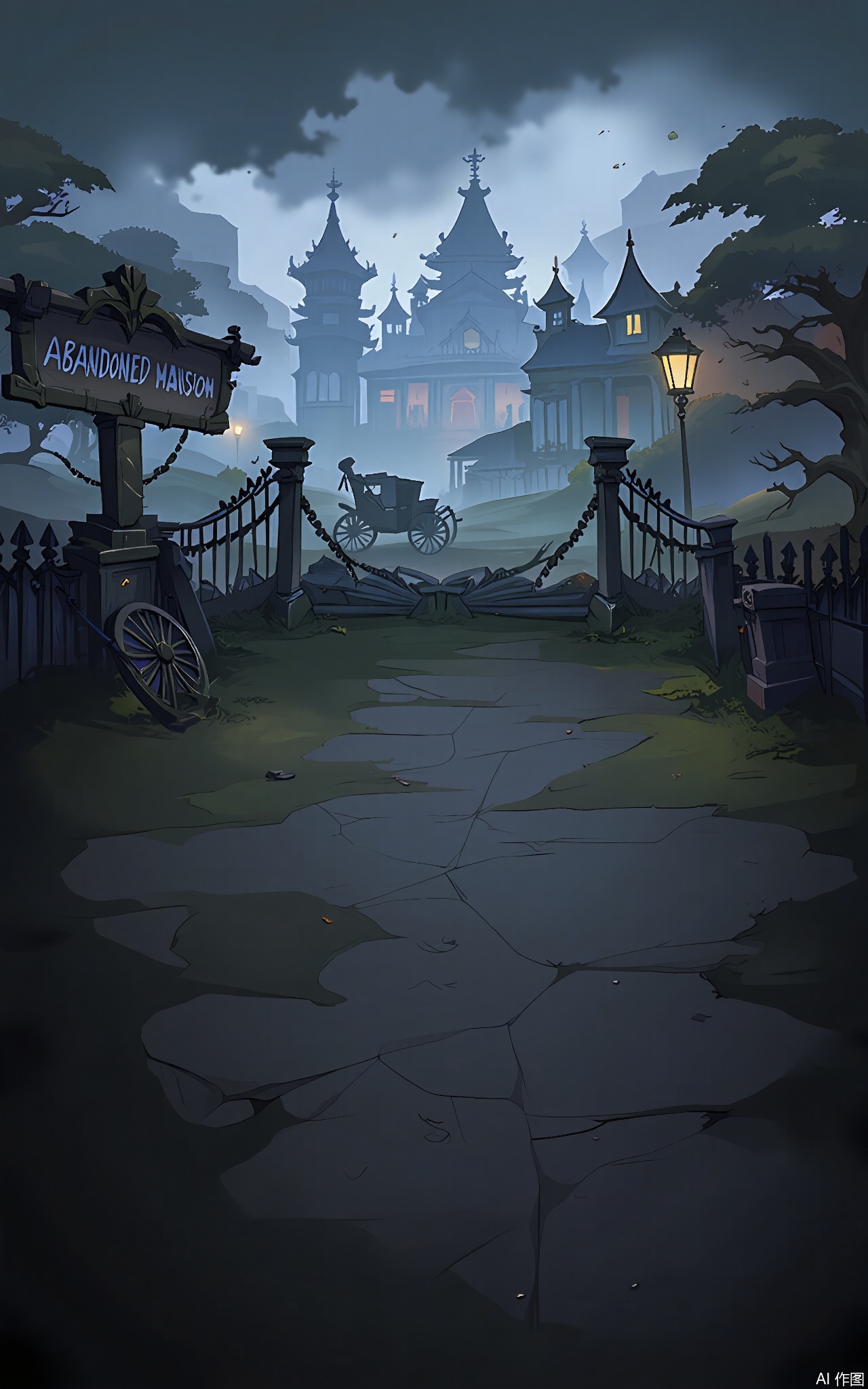 KTCJ, A digital cartoon illustration illustrates a haunted mansion at dusk. The mansion is surrounded by a wrought-iron fence, and ivy climbs up the walls. The foreground shows a crumbling driveway with a broken carriage. Cobwebs and dust are everywhere, and a large sign with "ABANDONED MANSION" painted on it hangs from the gate. The sky is a dark gray, with a storm brewing. The mood is creepy and ominous.

